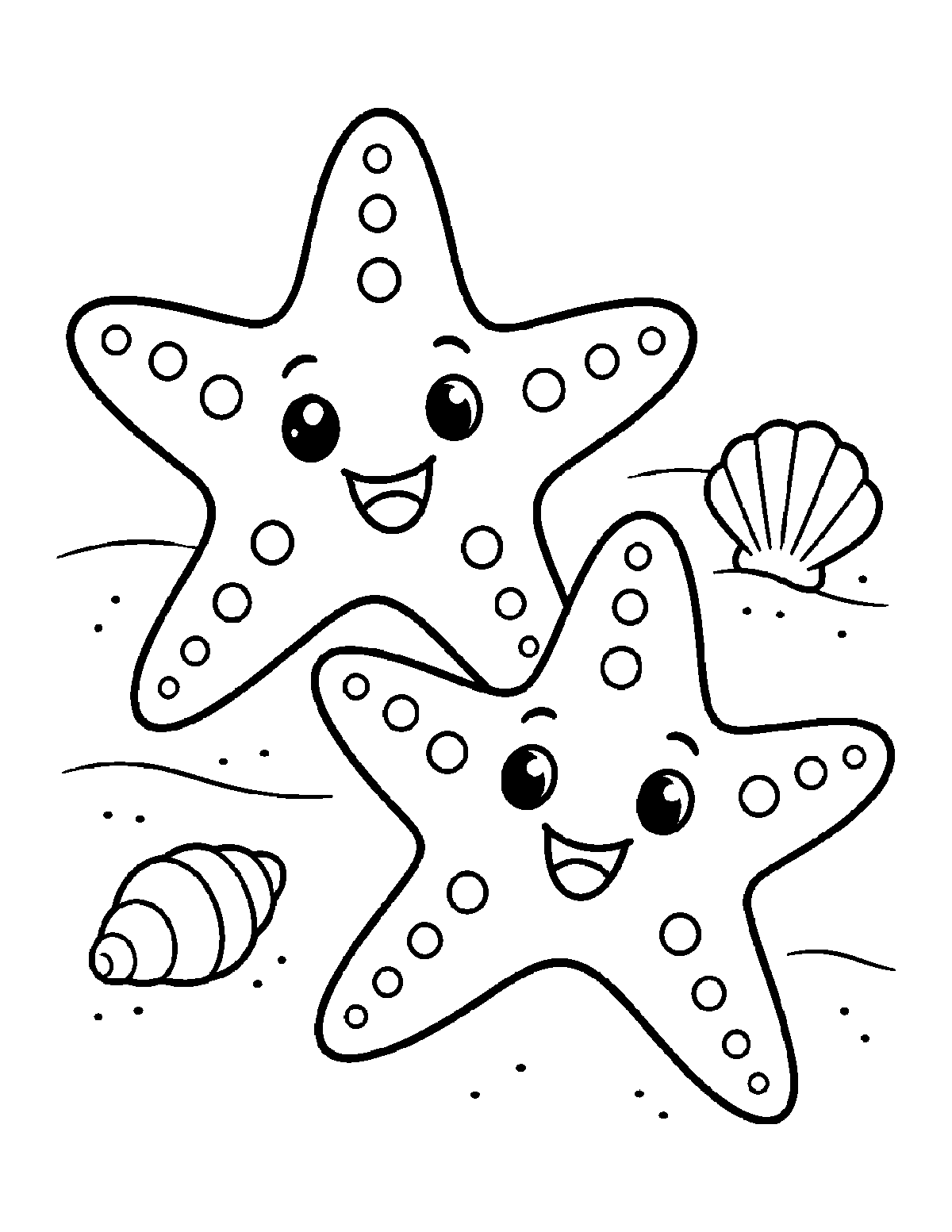 Coloring page of two smiling sea stars on sand with shells and small dots