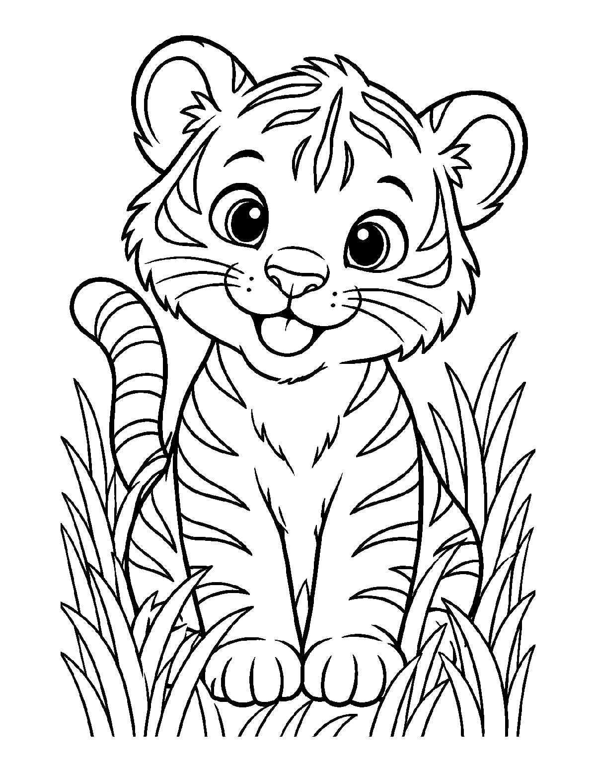 Coloring page of a smiling tiger cub with stripes sitting in tall grass