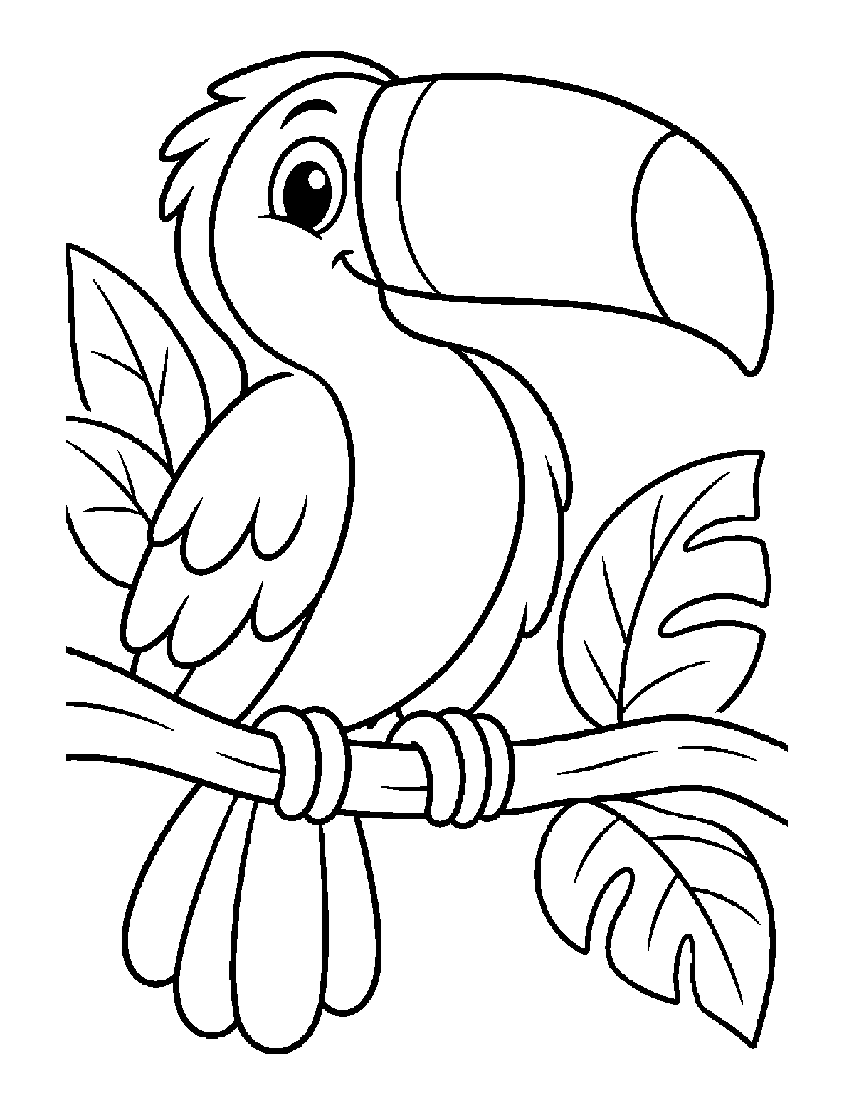 Coloring page of a toucan with a large beak perched on a leafy branch