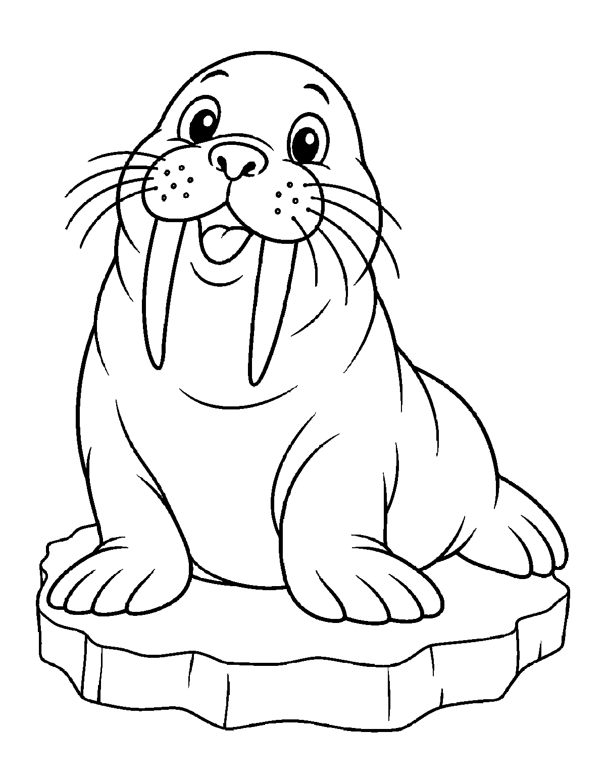 Coloring page of a smiling walrus with big tusks sitting on an ice floe