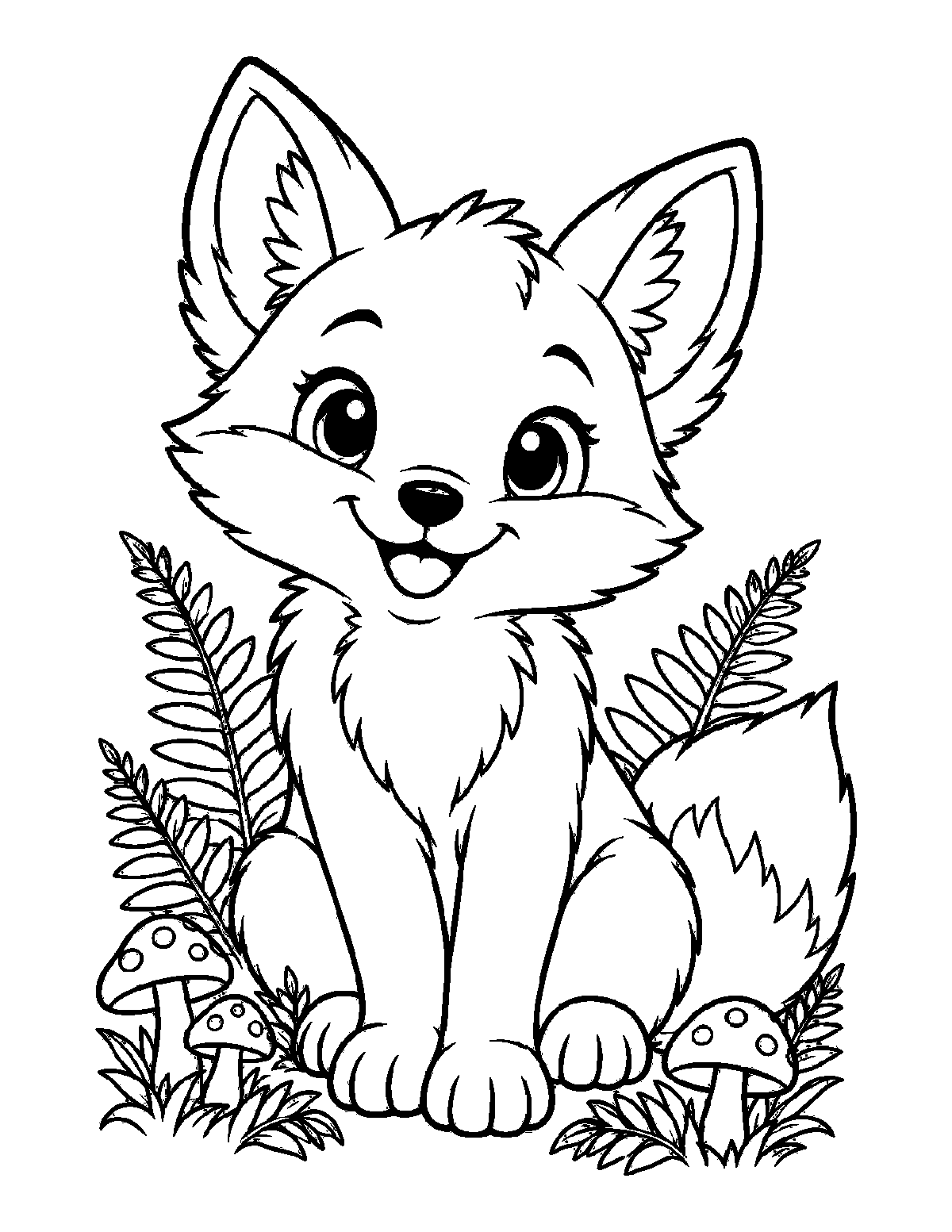 Coloring page of a smiling fox cub sitting among ferns and mushrooms