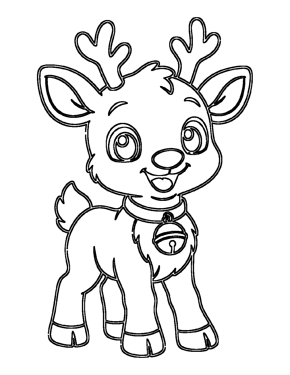 Coloring page of a baby reindeer with small antlers, big ears, and a bell collar