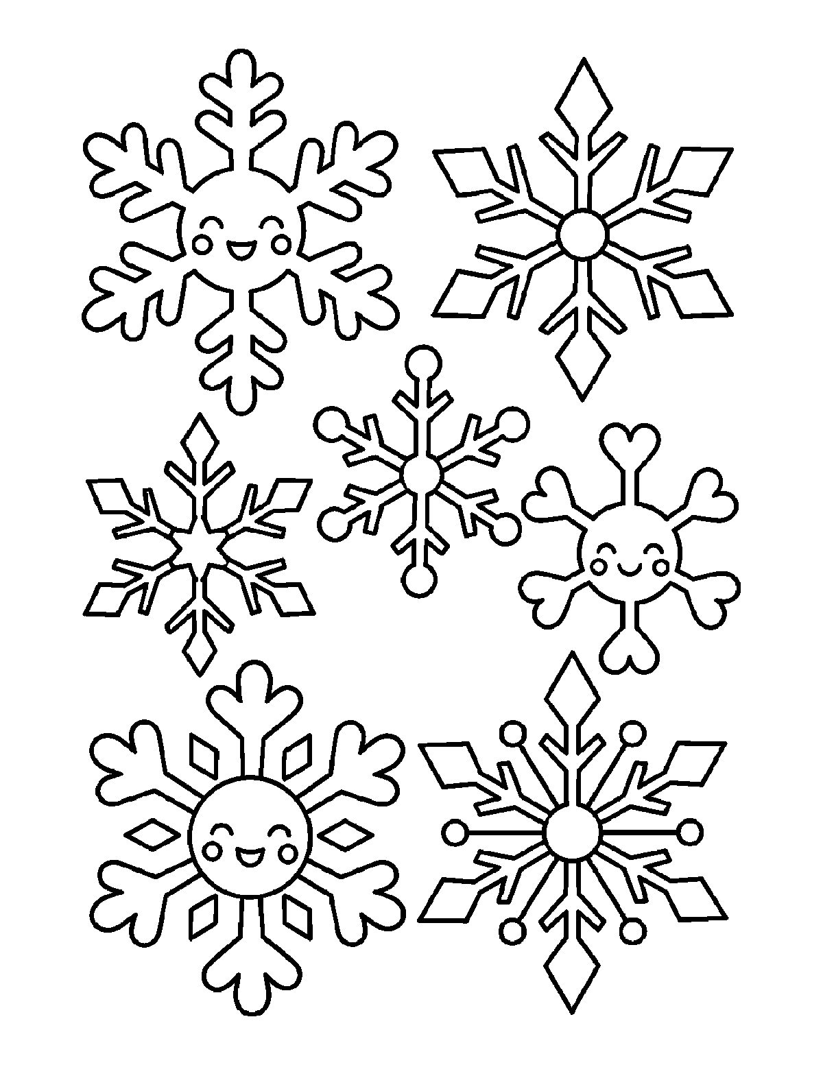 Coloring page of several large snowflakes with different designs, including smiling snowflakes