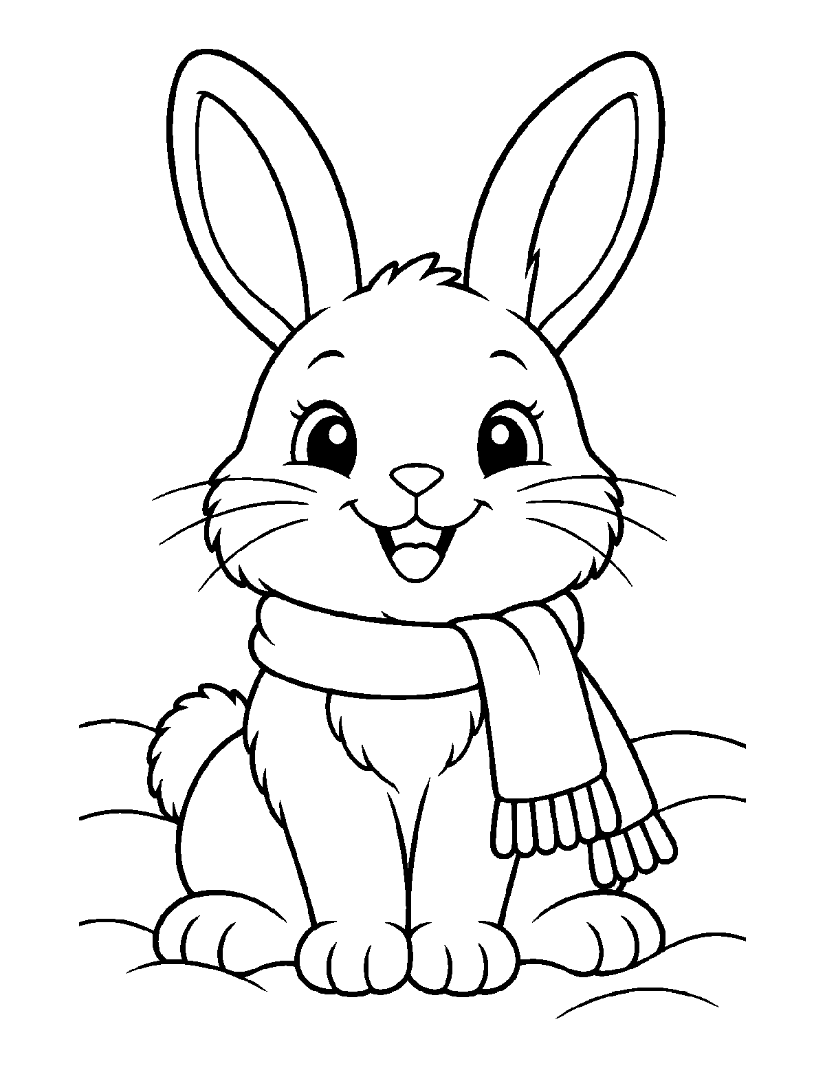 Coloring page of a smiling bunny wearing a scarf while sitting in snow