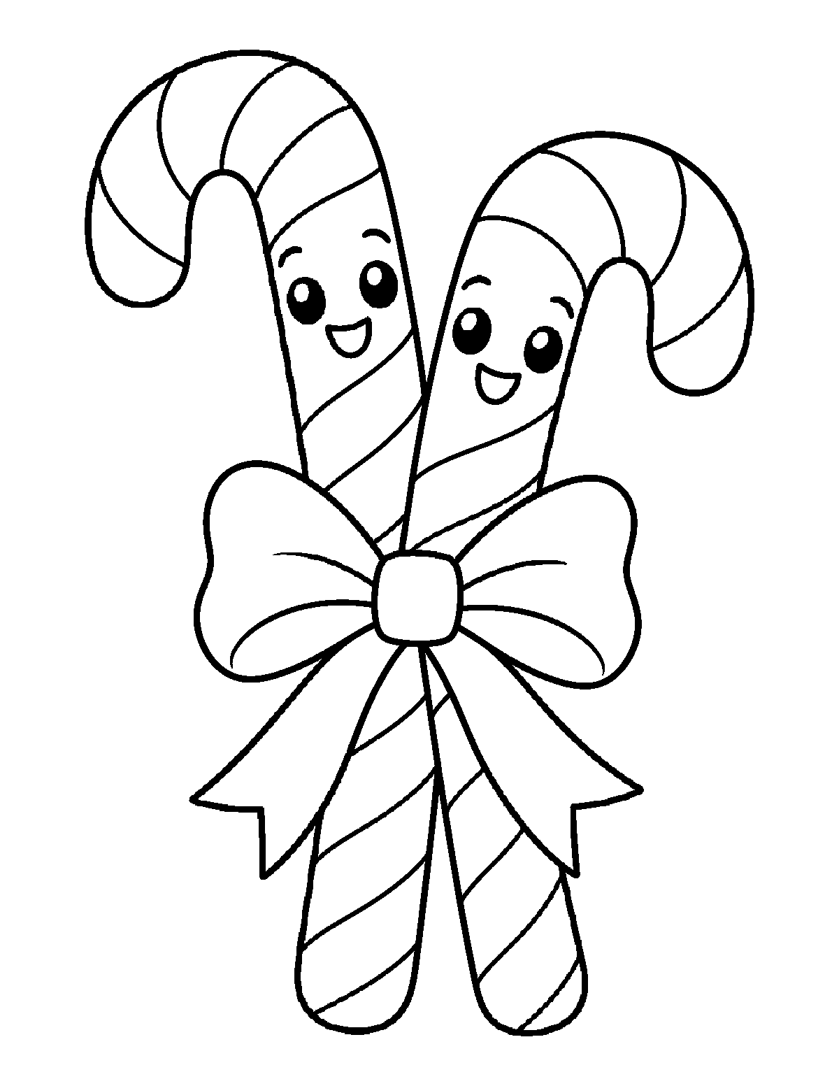 Coloring page of two smiling candy canes crossed together and tied with a large bow