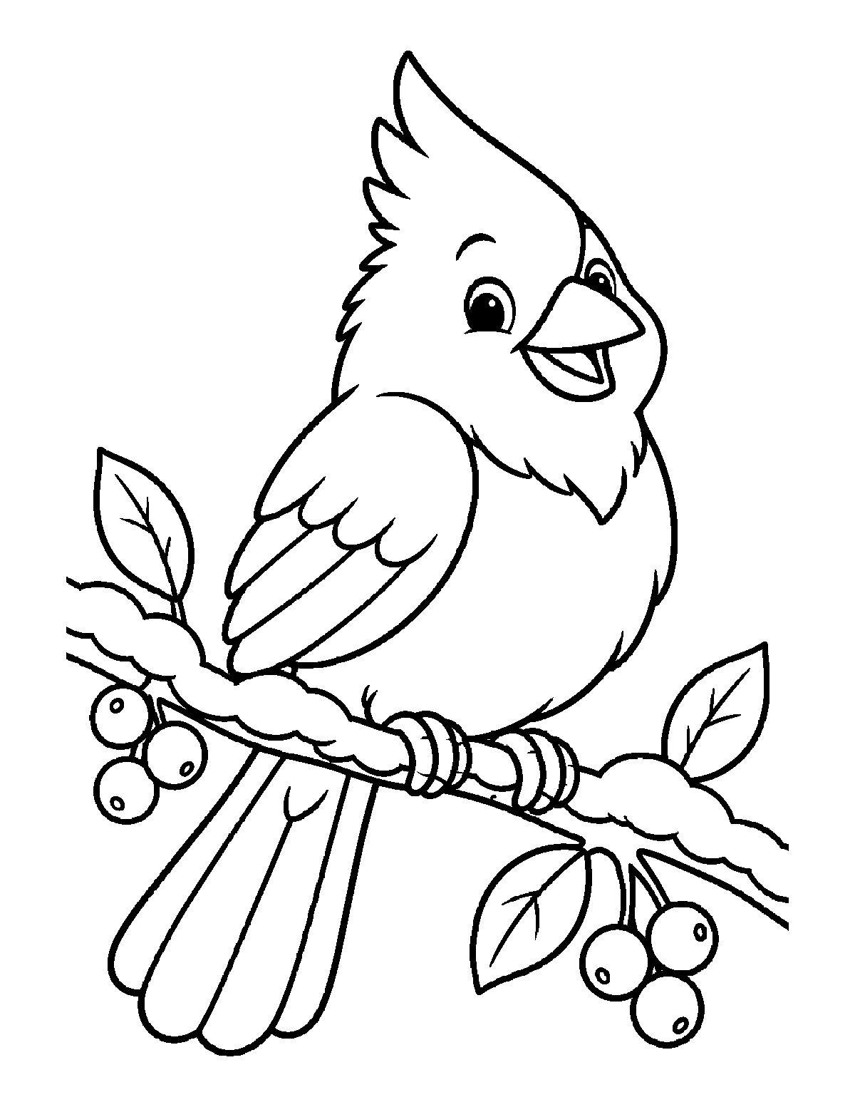 Coloring page of a smiling cardinal perched on a snowy branch with leaves and berries