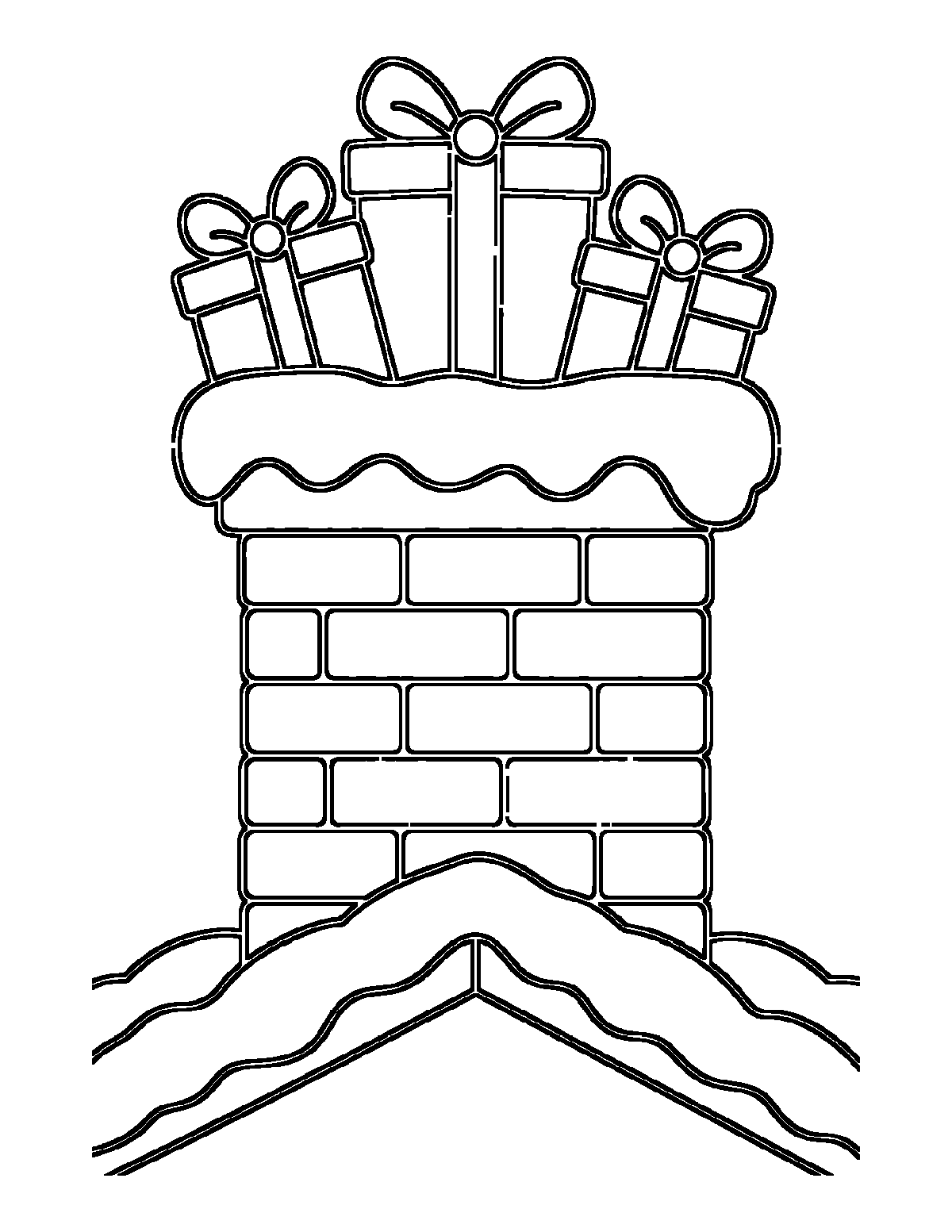 Coloring page of a brick chimney on a snowy roof with wrapped presents peeking out