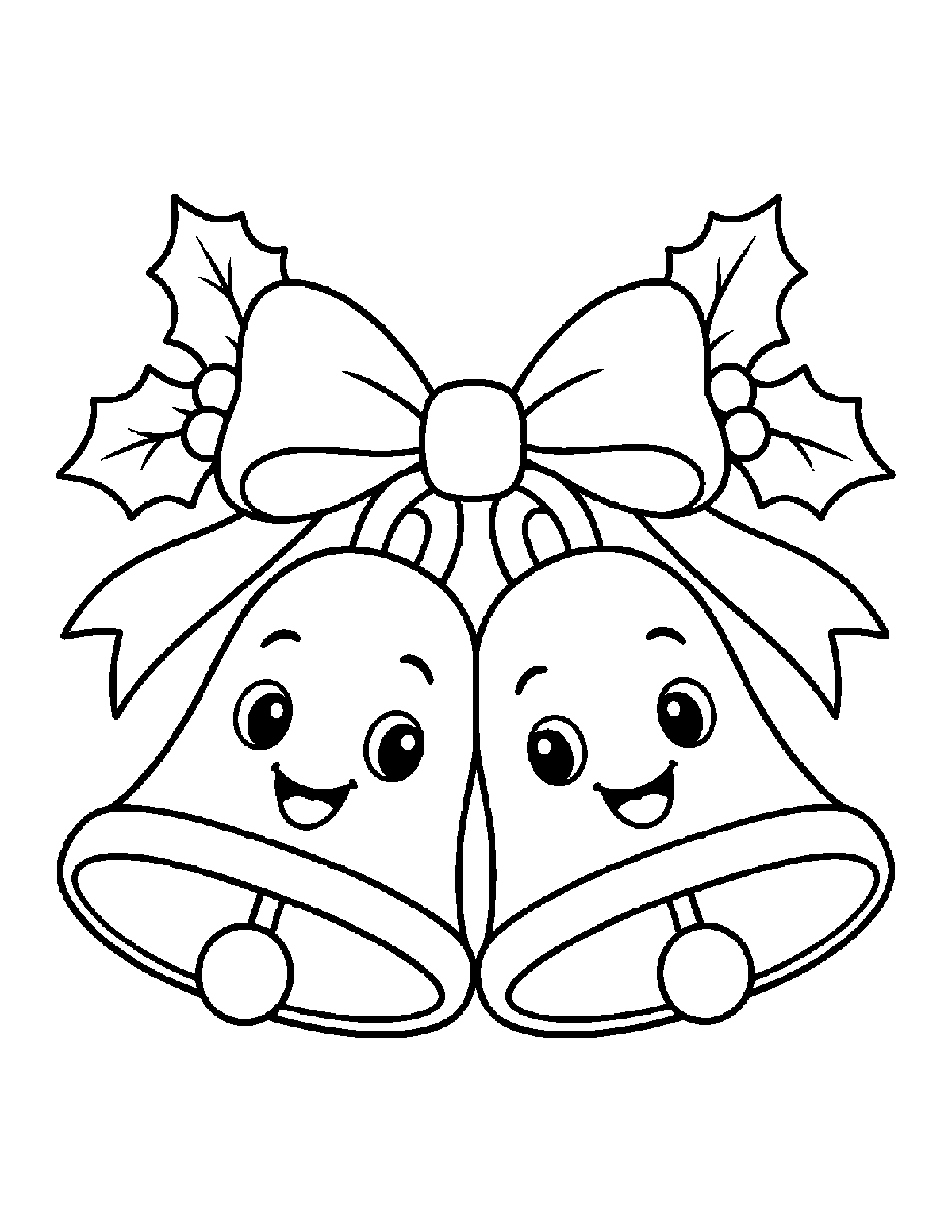 Coloring page of two smiling Christmas bells with a ribbon bow, holly leaves, and berries