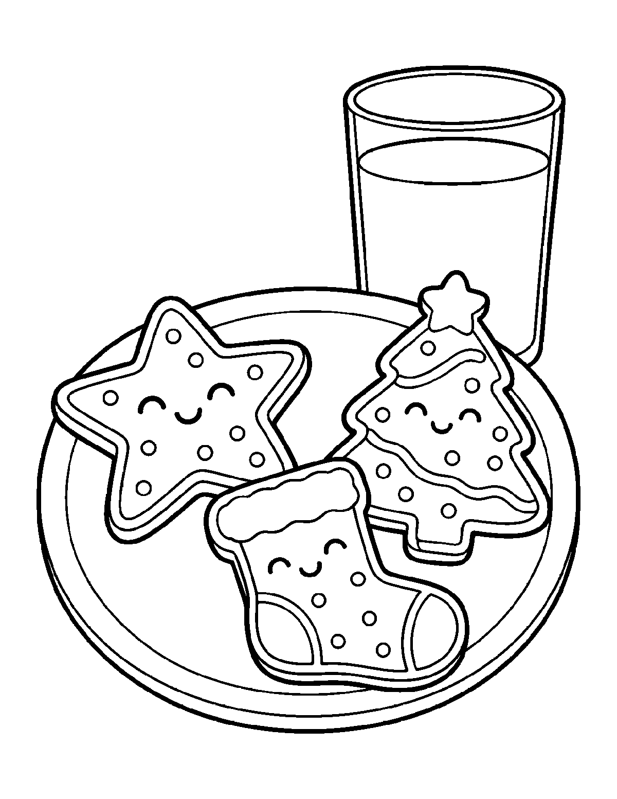 Coloring page of three smiling cookies shaped like a star, a tree, and a stocking on a plate beside a glass of milk