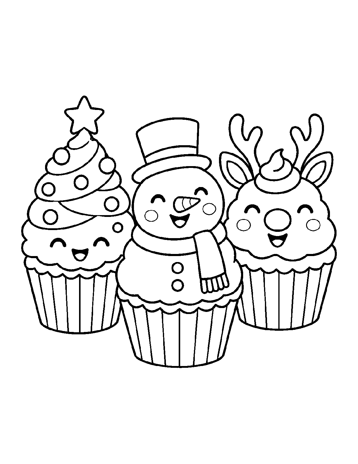 Coloring page of three smiling cupcakes decorated as a tree, a snowman, and a reindeer