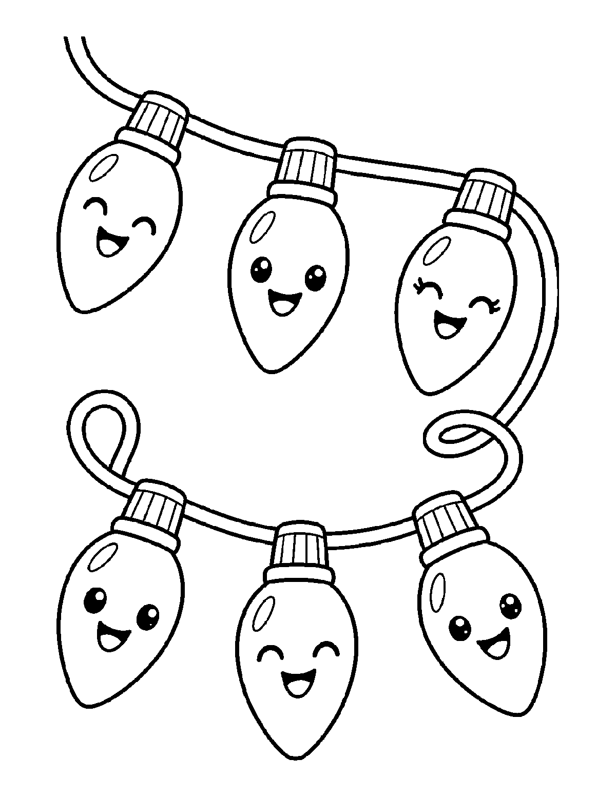 Coloring page of six smiling Christmas light bulbs hanging from a looping cord