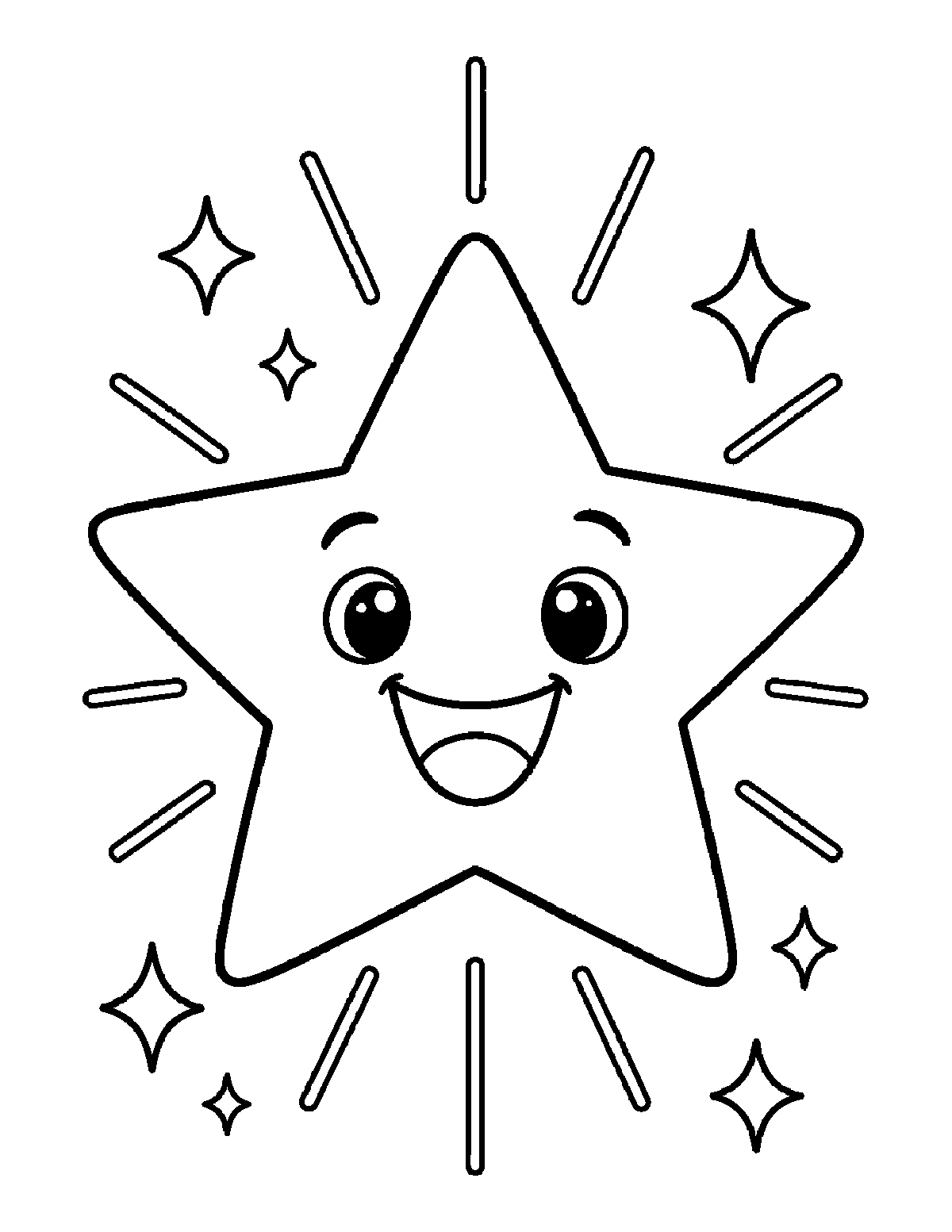 Coloring page of a large smiling five-point star with shine lines and small sparkles