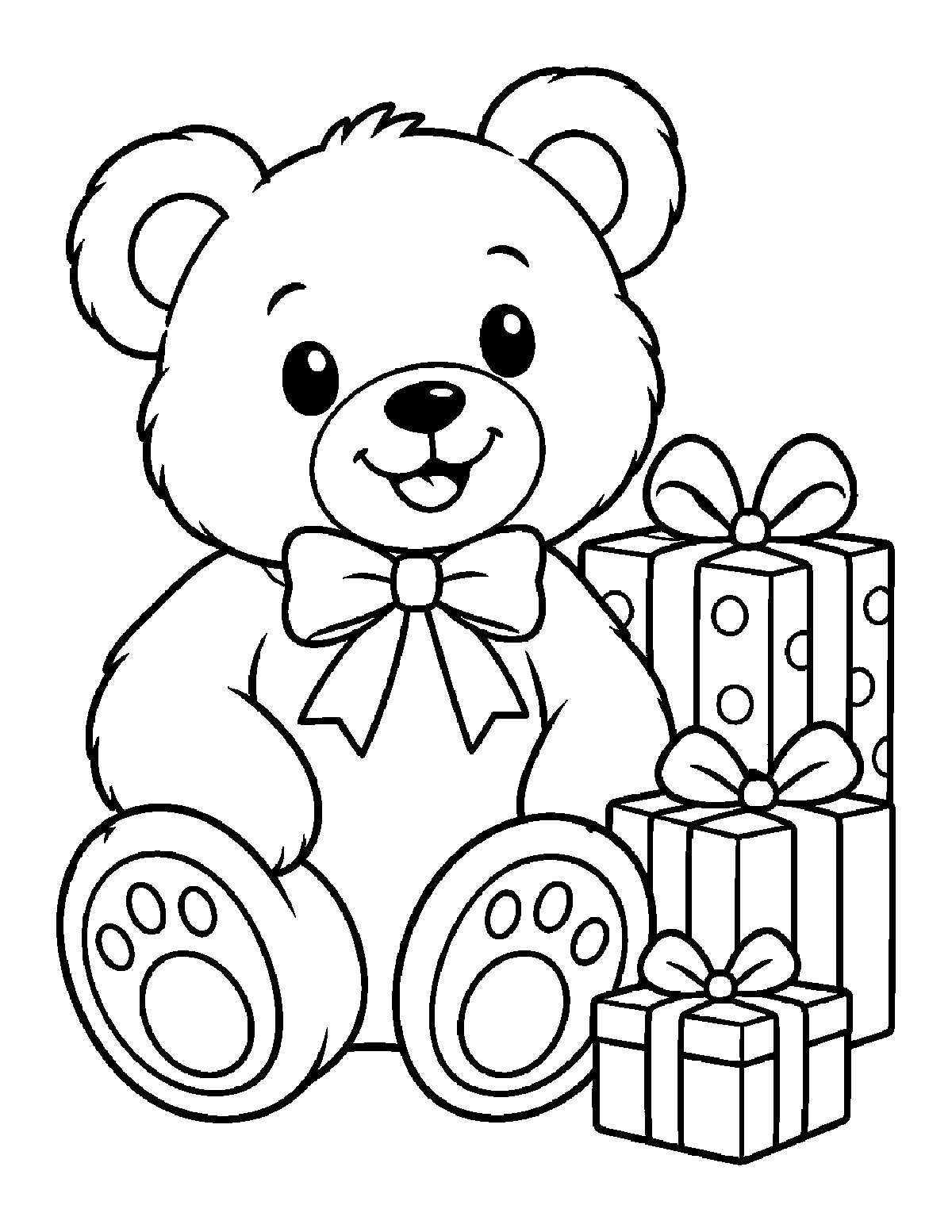 Coloring page of a smiling teddy bear wearing a bow and sitting beside wrapped presents