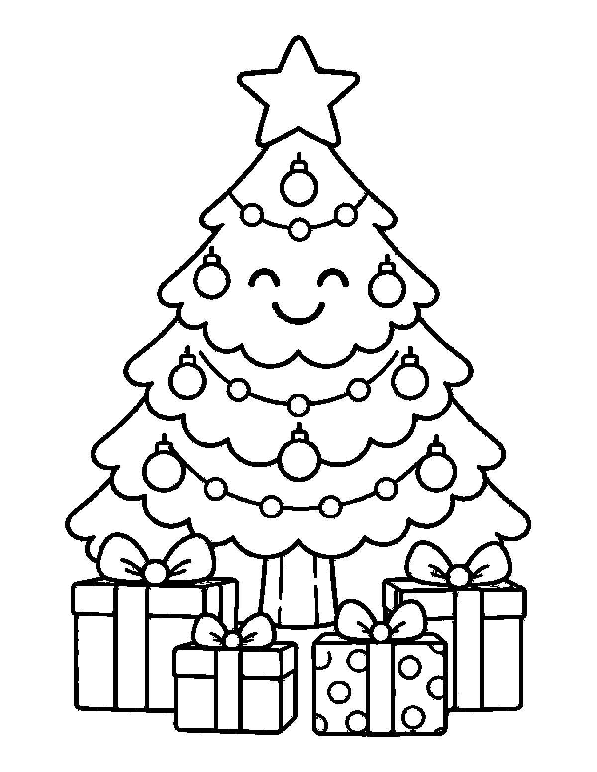 Coloring page of a smiling decorated Christmas tree with a star, garlands, ornaments, and wrapped presents underneath