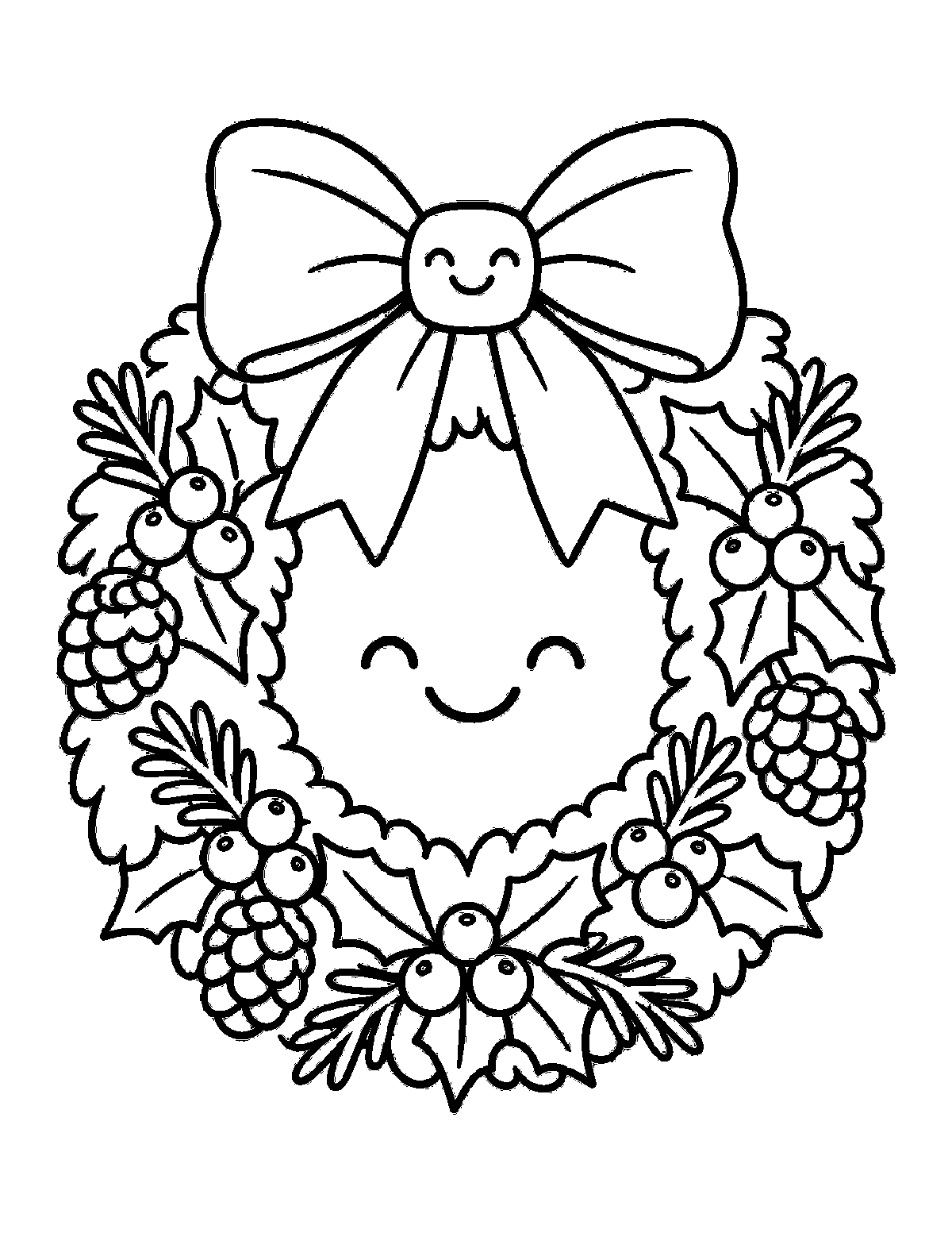 Coloring page of a smiling Christmas wreath with a big bow, holly leaves, berries, and pinecones