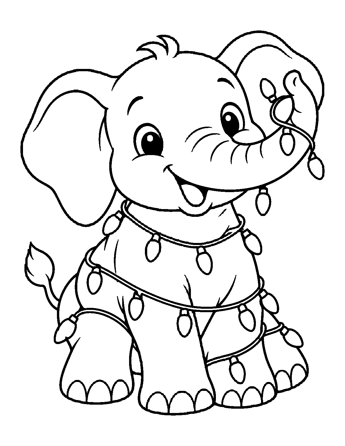 Coloring page of a smiling baby elephant wrapped in a string of Christmas lights