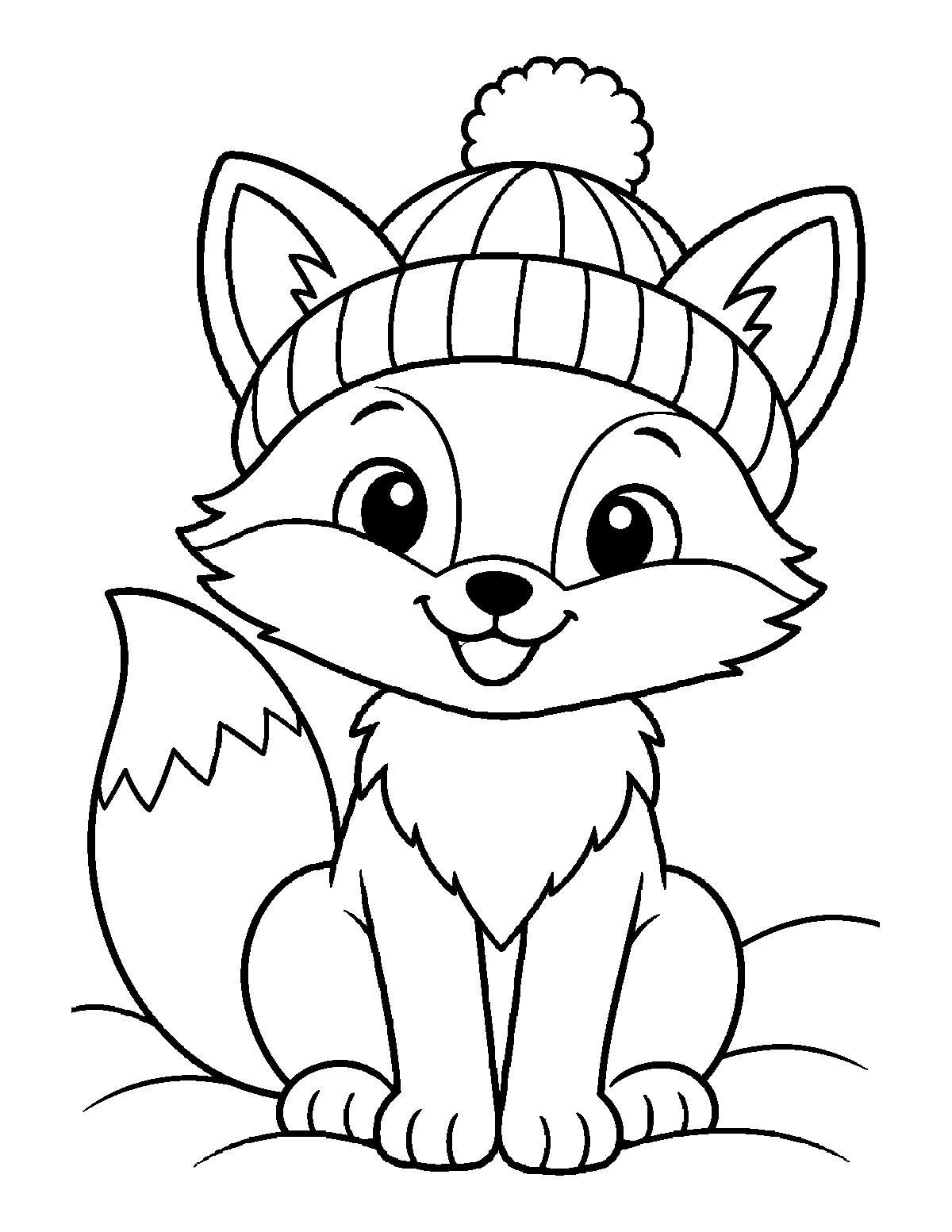 Coloring page of a smiling fox wearing a knit hat while sitting in snow