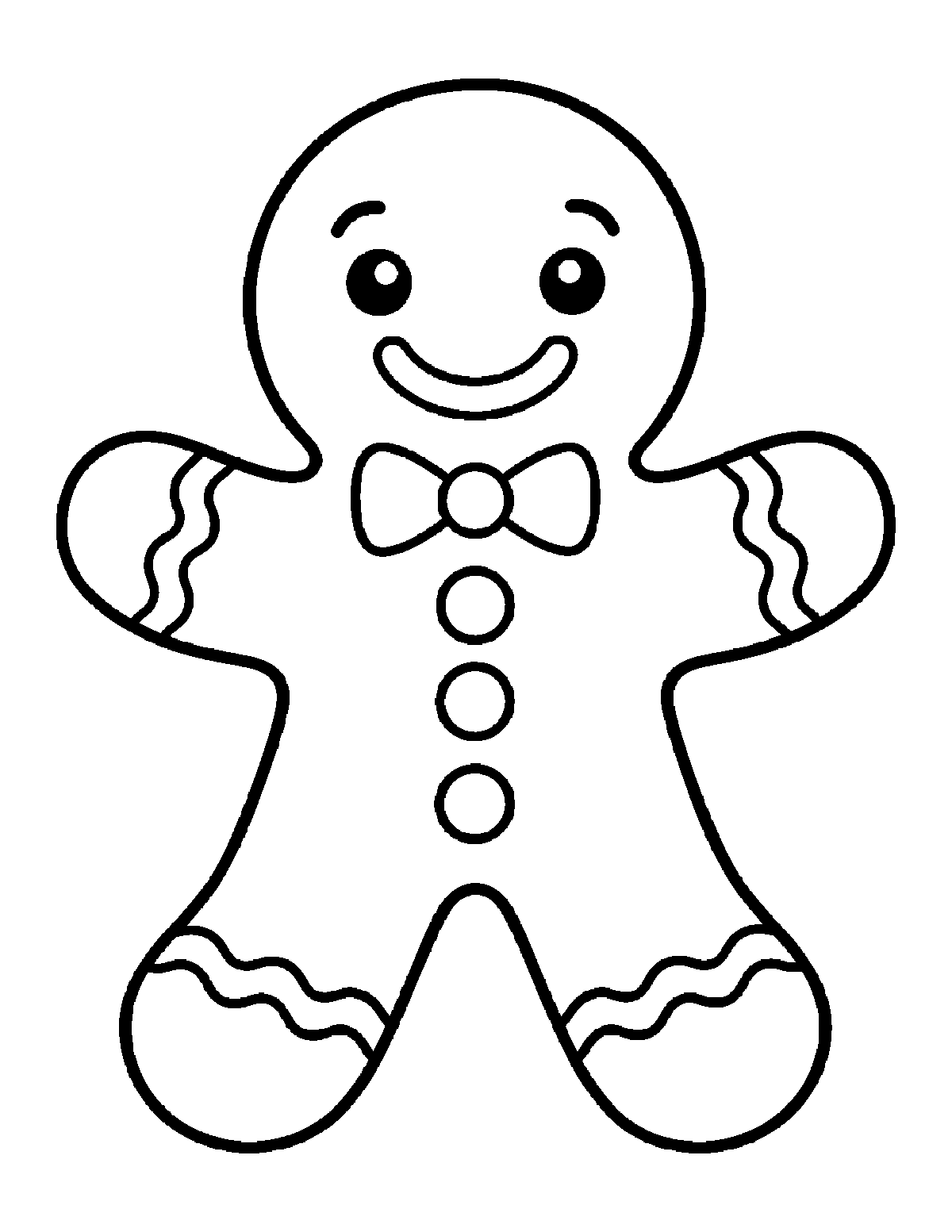 Coloring page of a smiling gingerbread cookie with a bow tie, buttons, and icing
