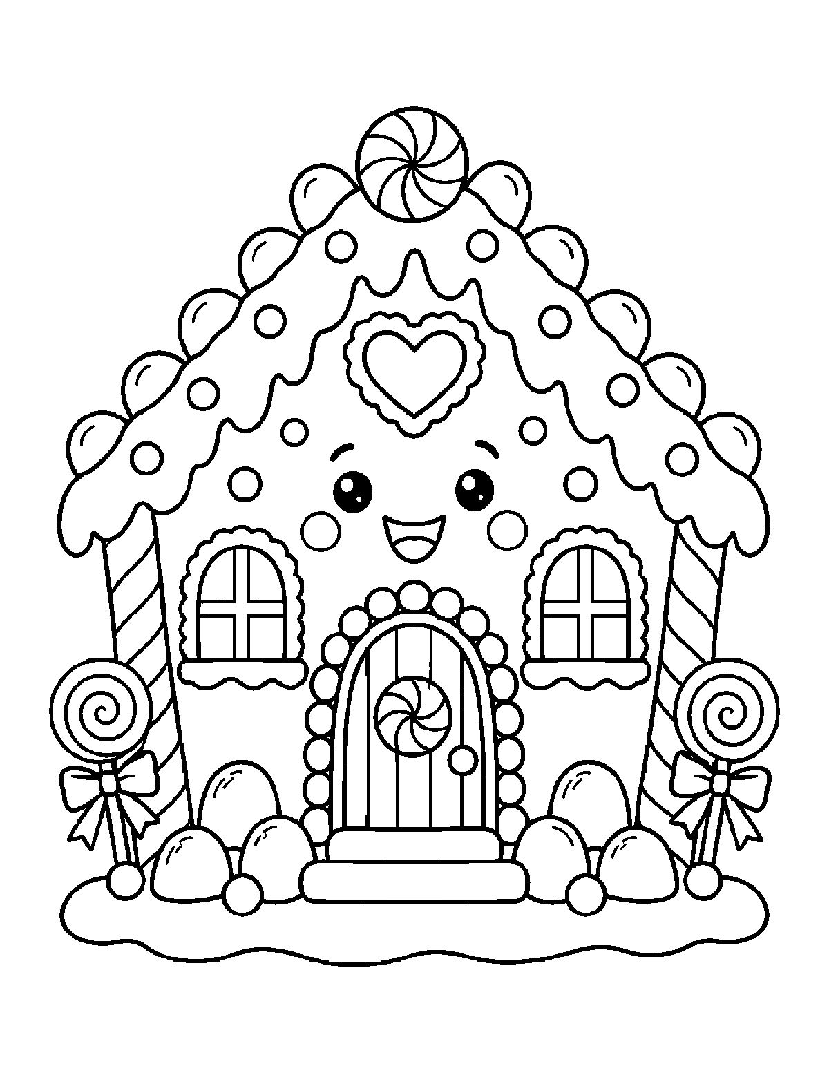 Coloring page of a smiling gingerbread house with candy, frosting, lollipops, windows, and a peppermint door