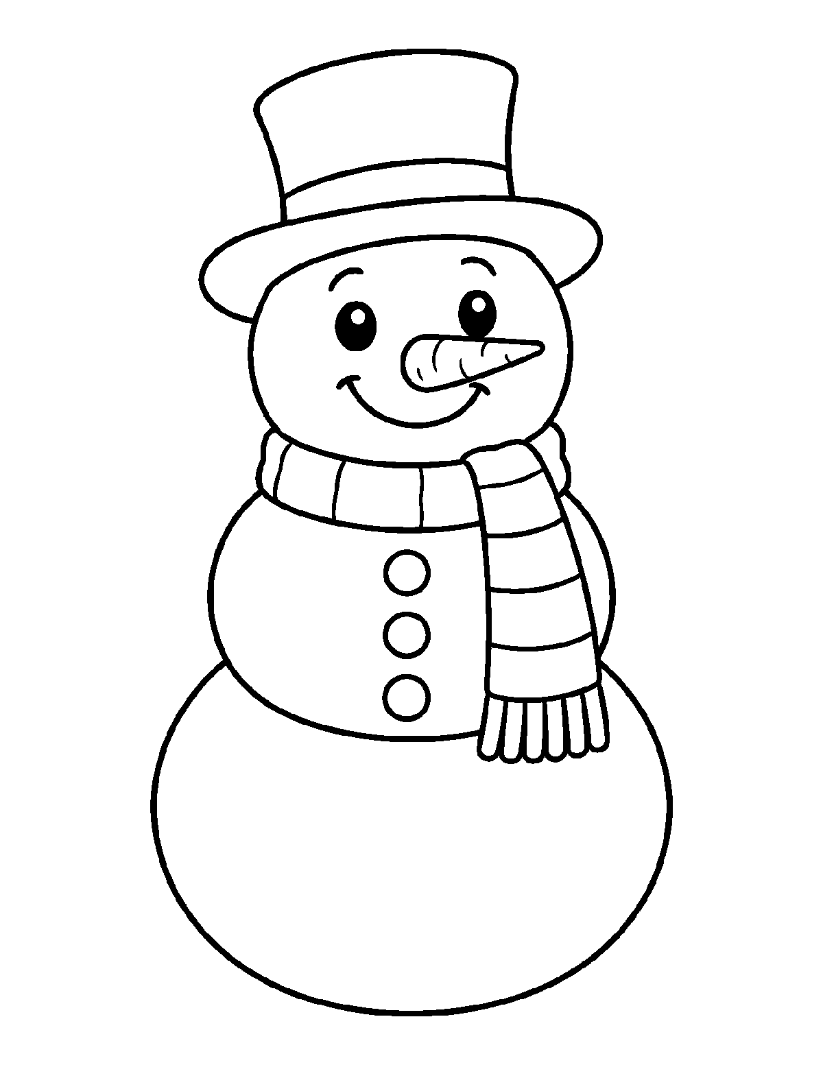 Coloring page of a smiling snowman with a top hat, scarf, carrot nose, and buttons