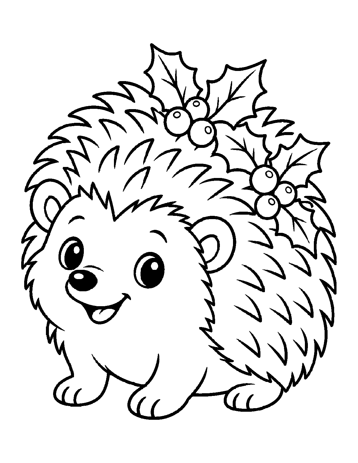 Coloring page of a smiling hedgehog with holly leaves and berries on its spiky back