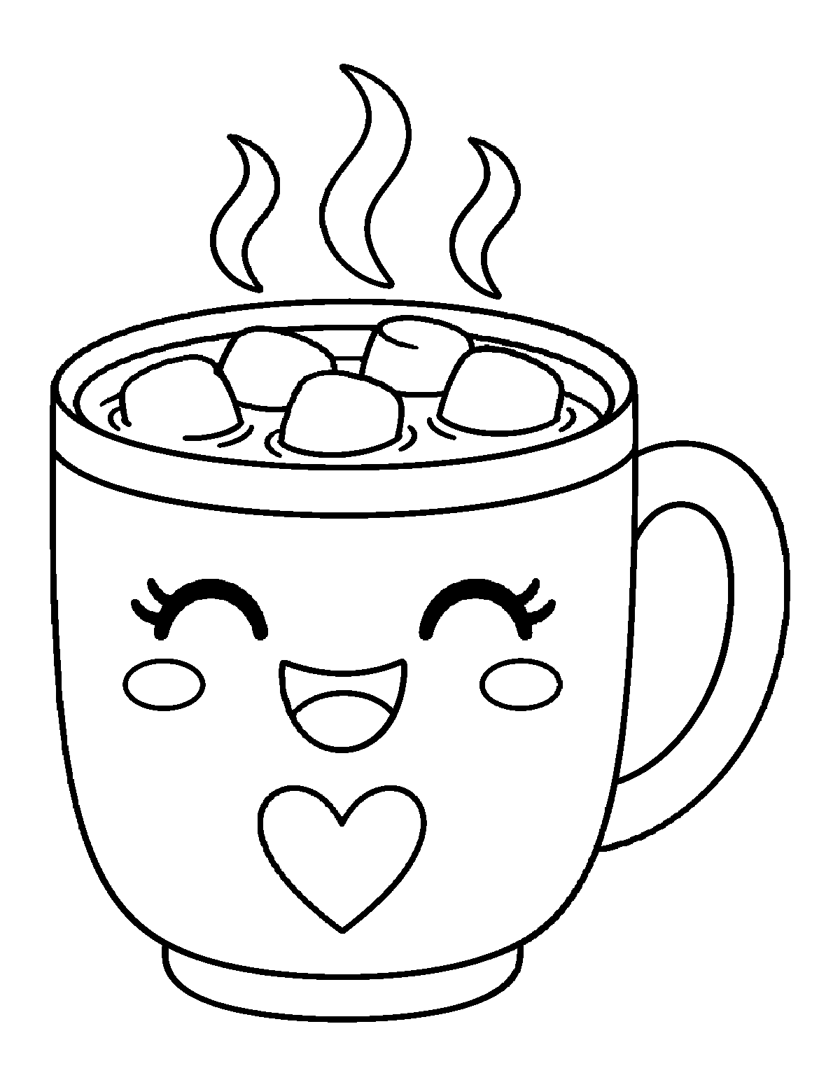 Coloring page of a smiling mug of hot cocoa with marshmallows, steam, cheeks, and a heart
