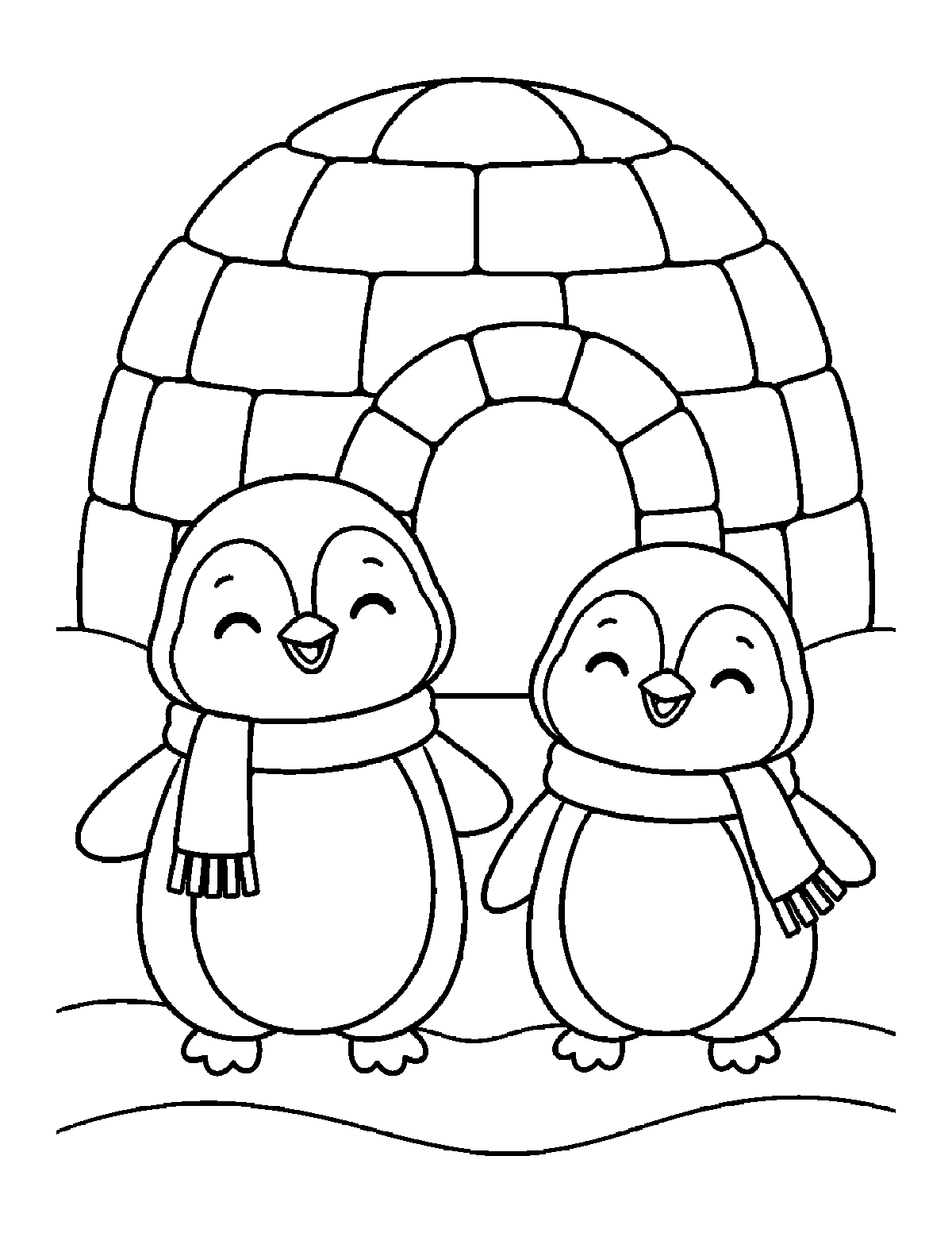 Coloring page of two smiling scarf-wearing penguins standing in front of a block igloo in the snow