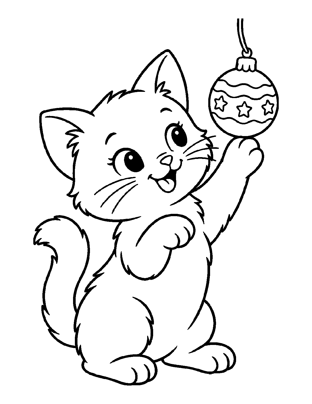 Coloring page of a smiling kitten reaching for a hanging Christmas ornament with stars