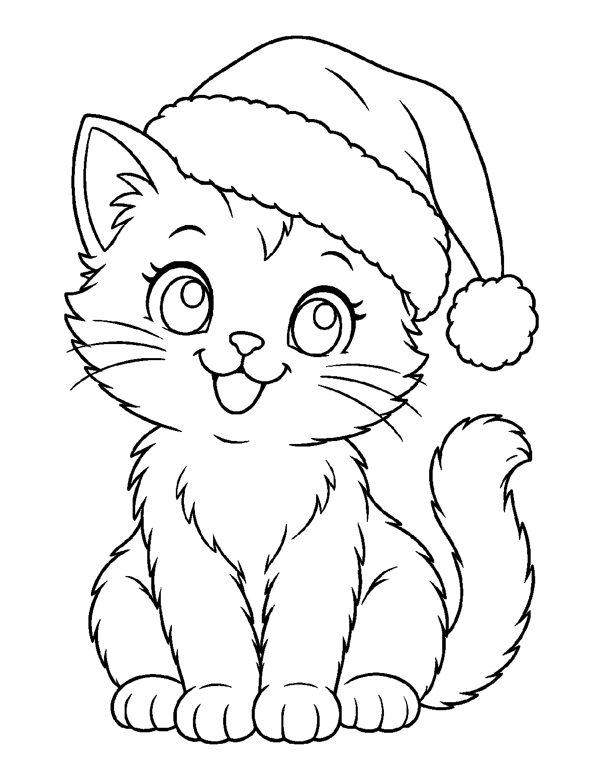 Coloring page of a smiling kitten wearing a Santa Claus hat with a fluffy brim and pom-pom