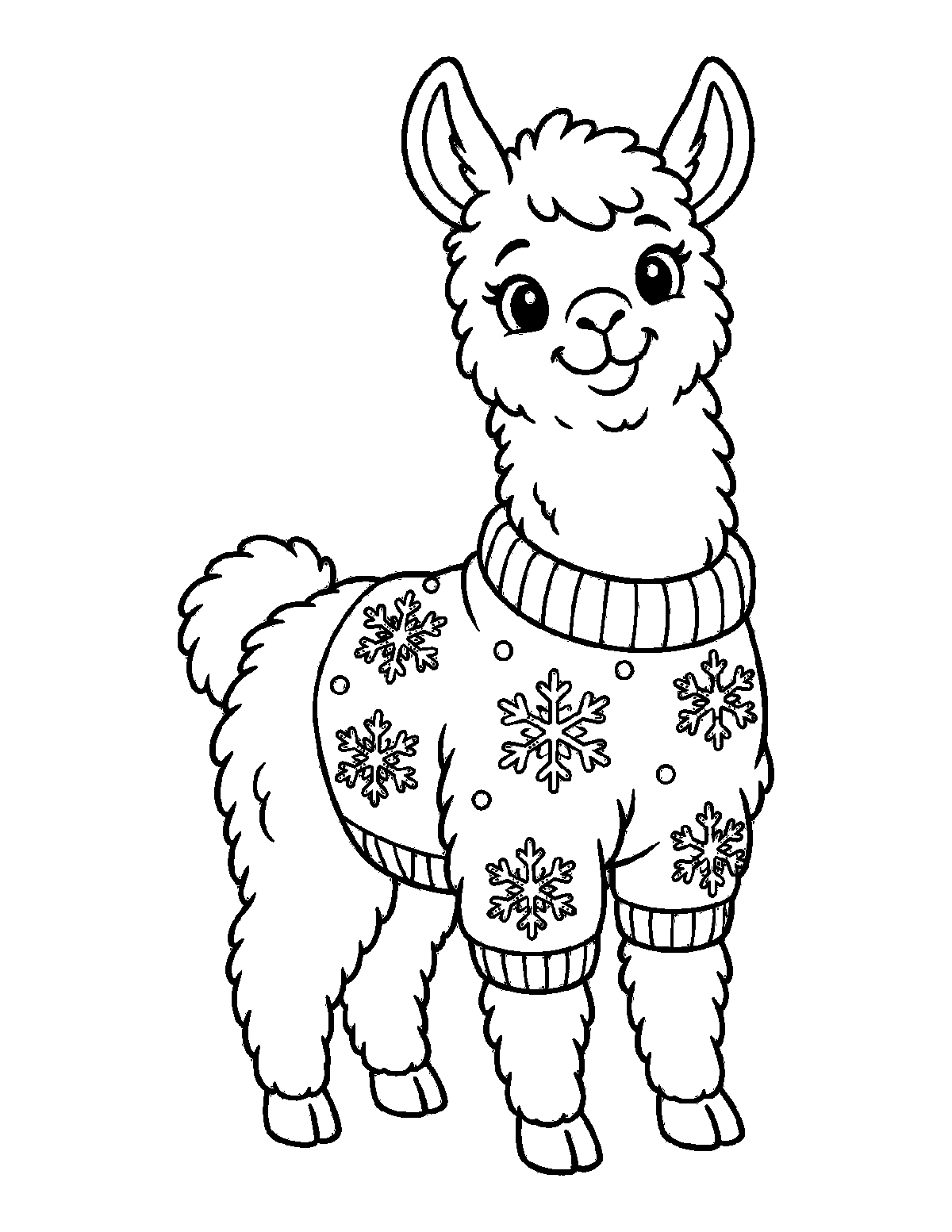 Coloring page of a smiling llama wearing a Christmas sweater with snowflakes