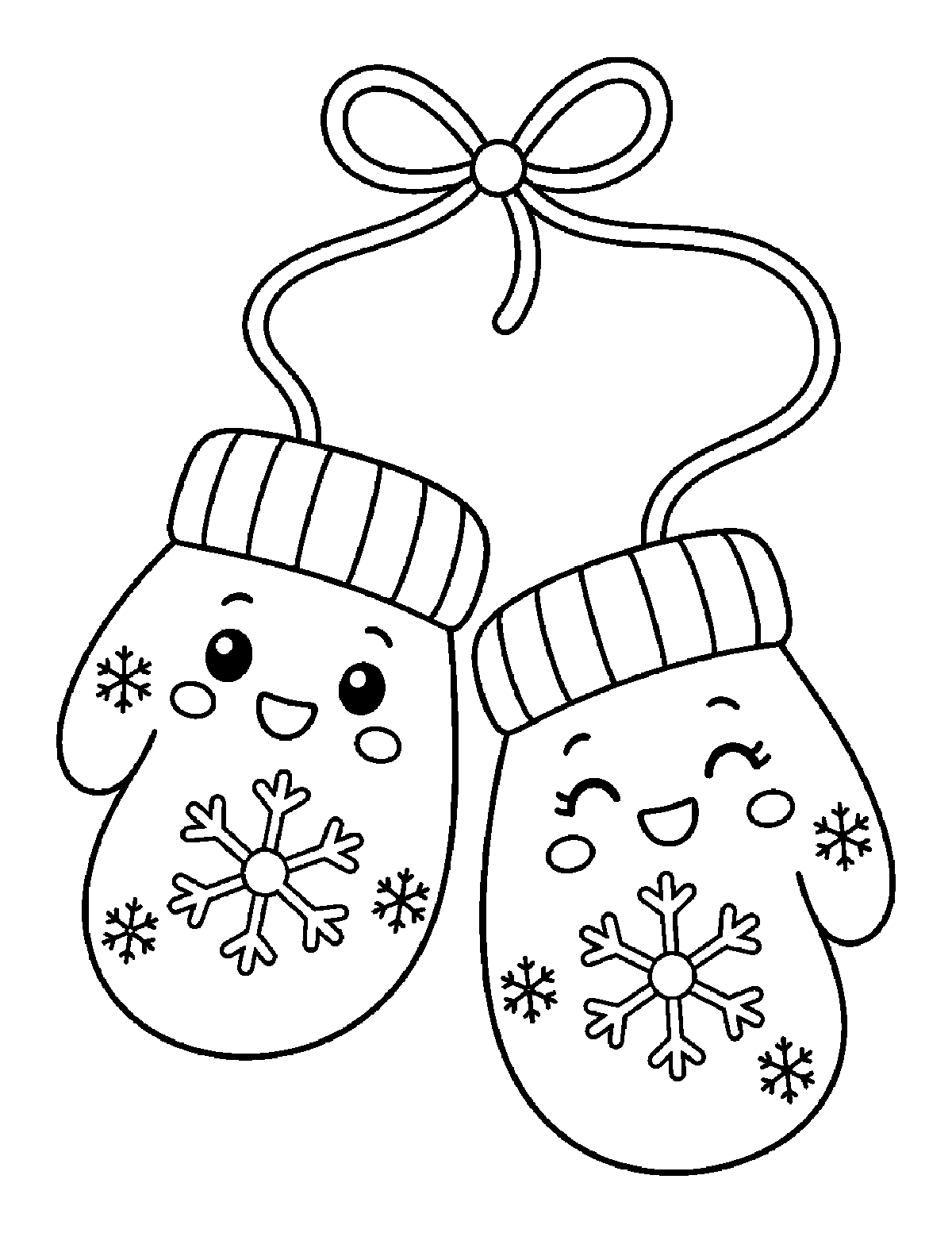 Coloring page of two smiling mittens with snowflake patterns tied together with a bow string