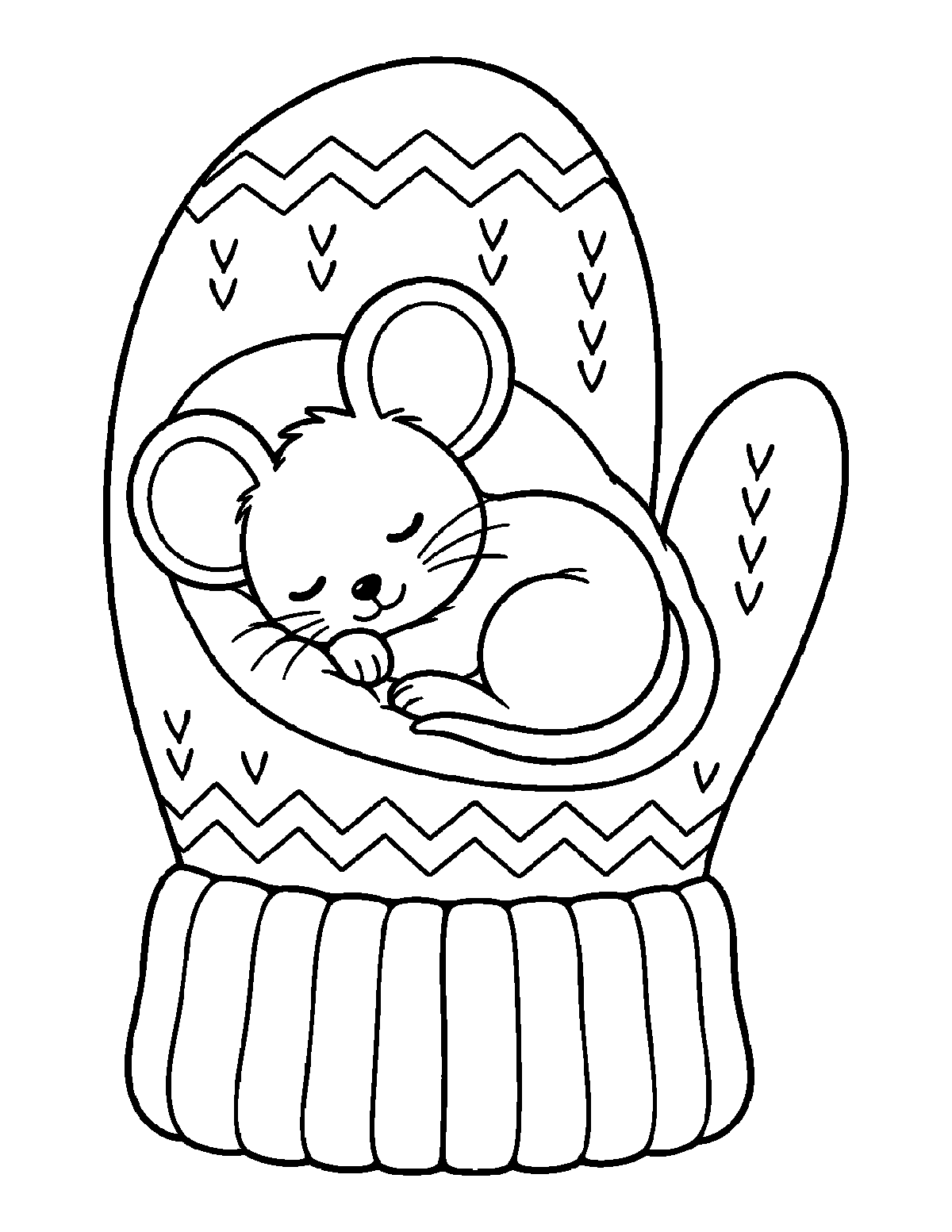 Coloring page of a sleeping mouse curled inside a patterned mitten