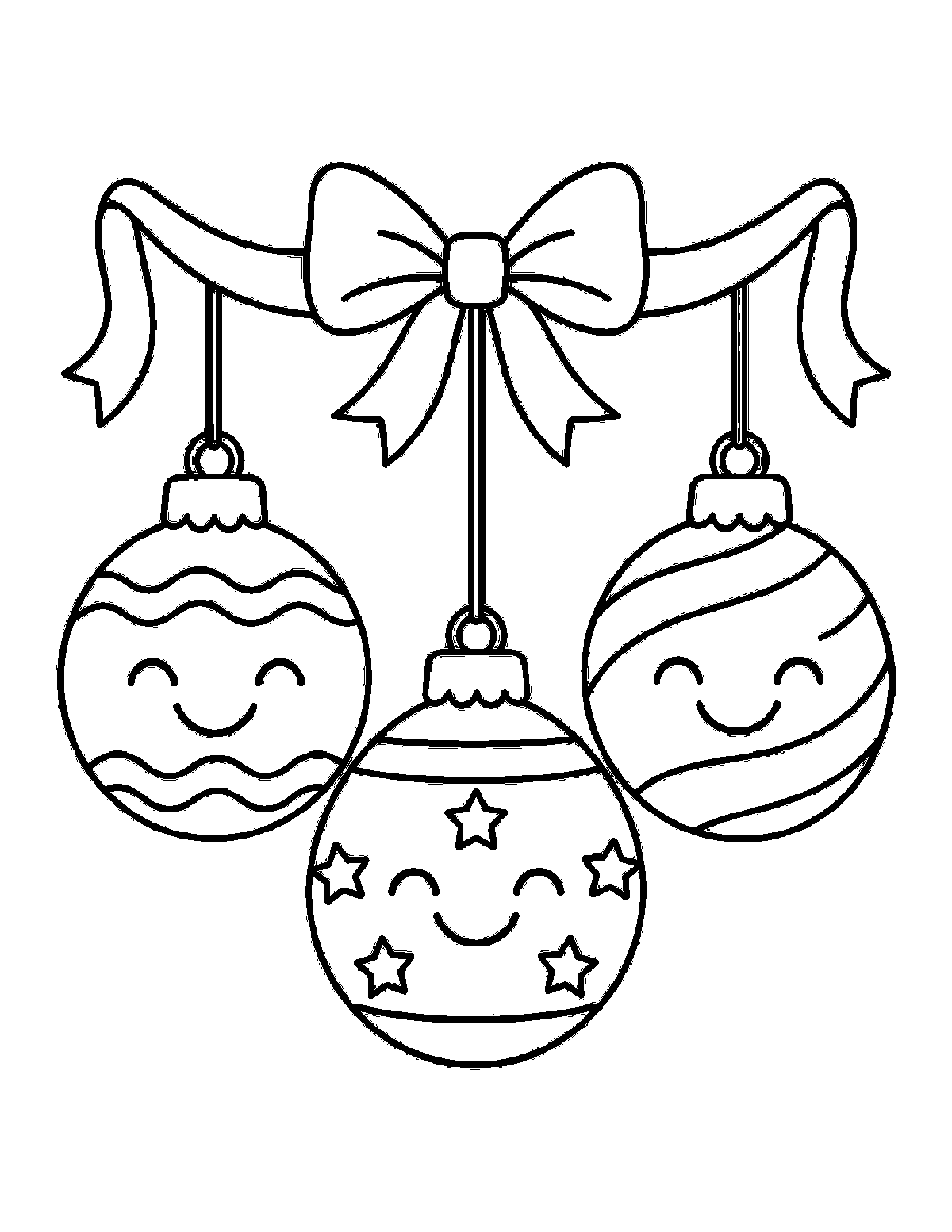 Coloring page of three smiling Christmas ornaments hanging from a ribbon with a large bow