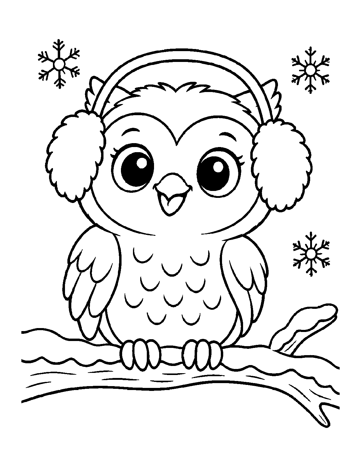 Coloring page of an owl wearing earmuffs while sitting on a snowy branch with snowflakes nearby