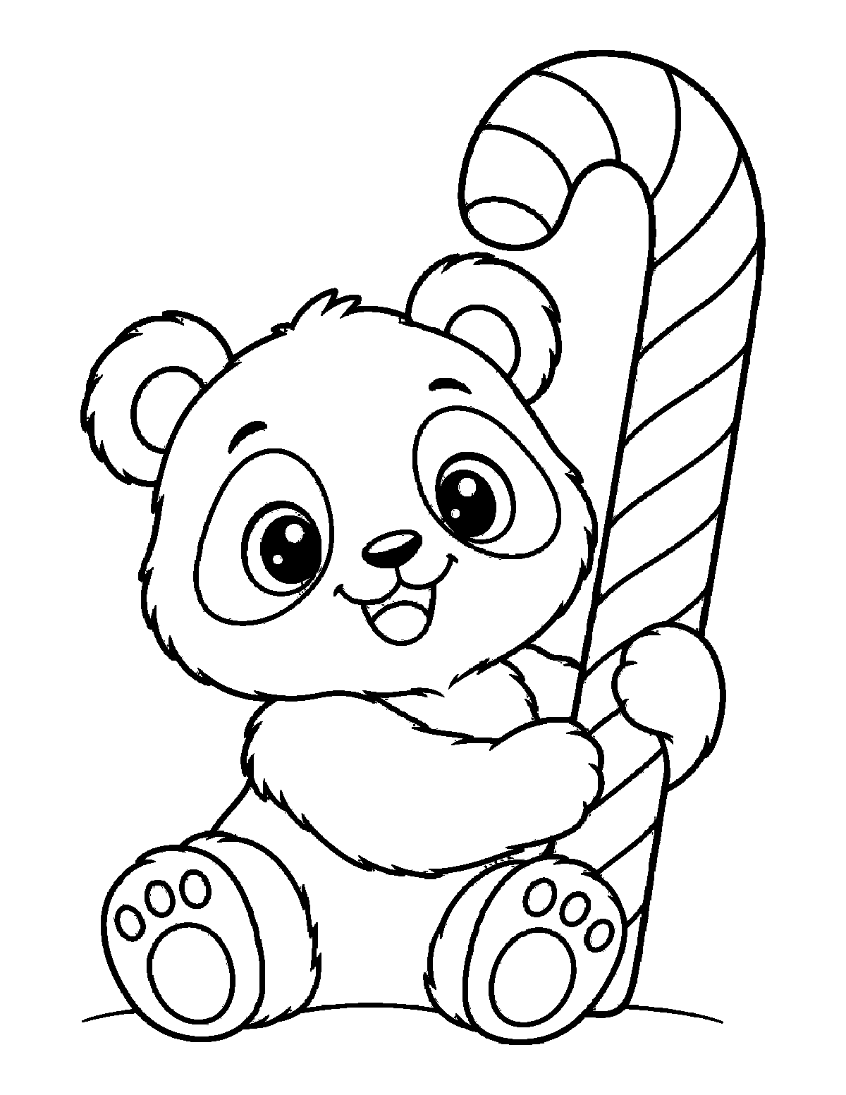 Coloring page of a smiling baby panda sitting with a large striped candy cane