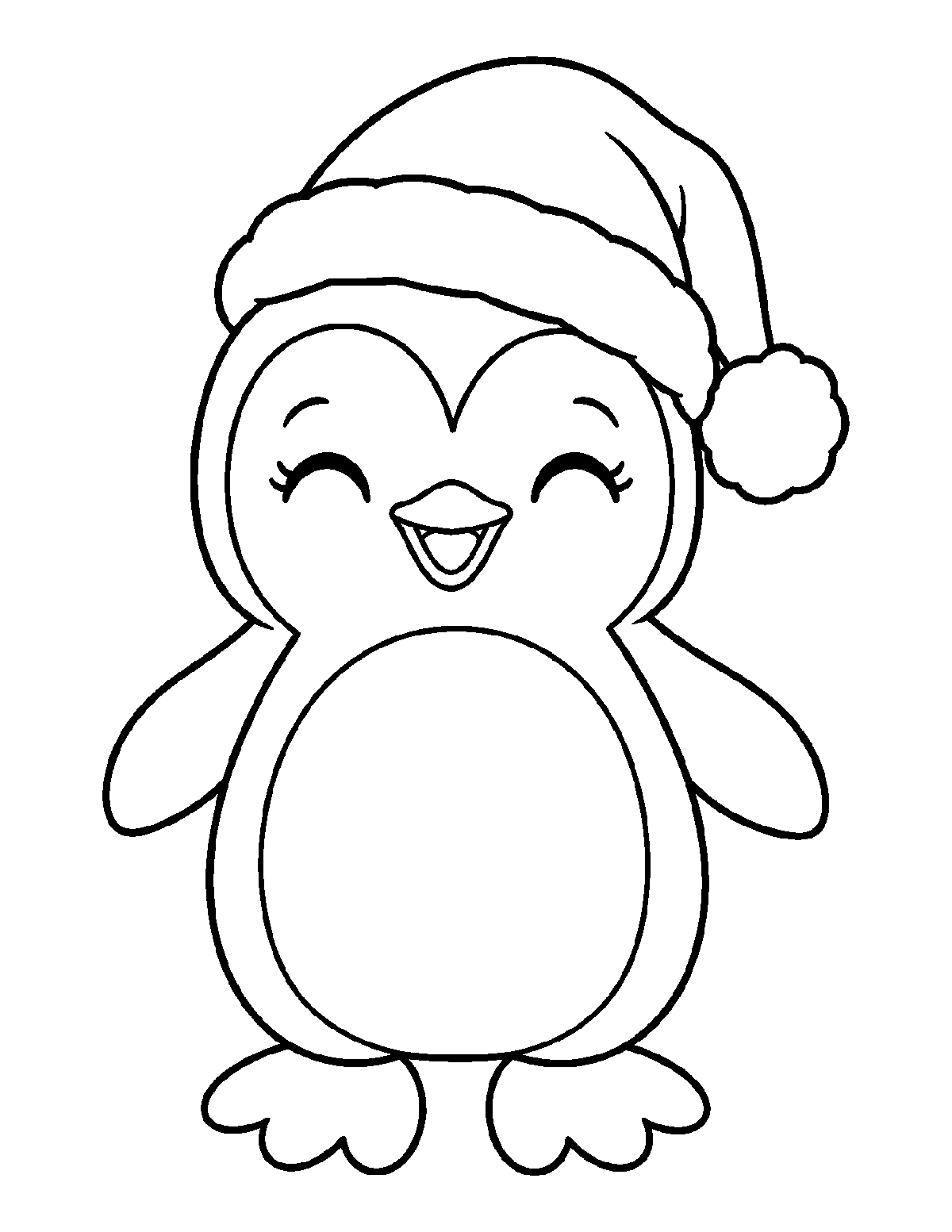 Coloring page of a smiling baby penguin wearing a Santa Claus hat
