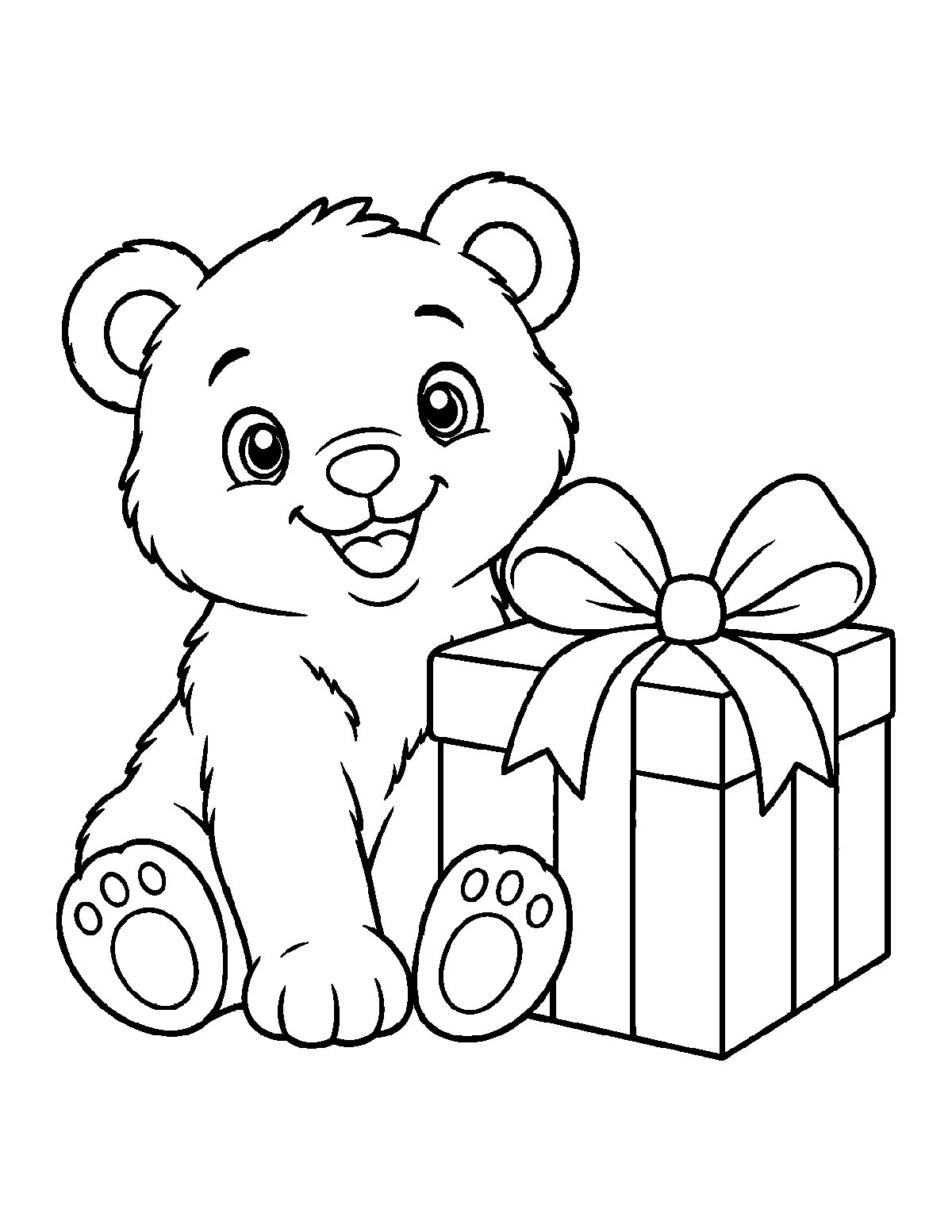 Coloring page of a smiling polar bear cub sitting beside a large wrapped gift with a bow