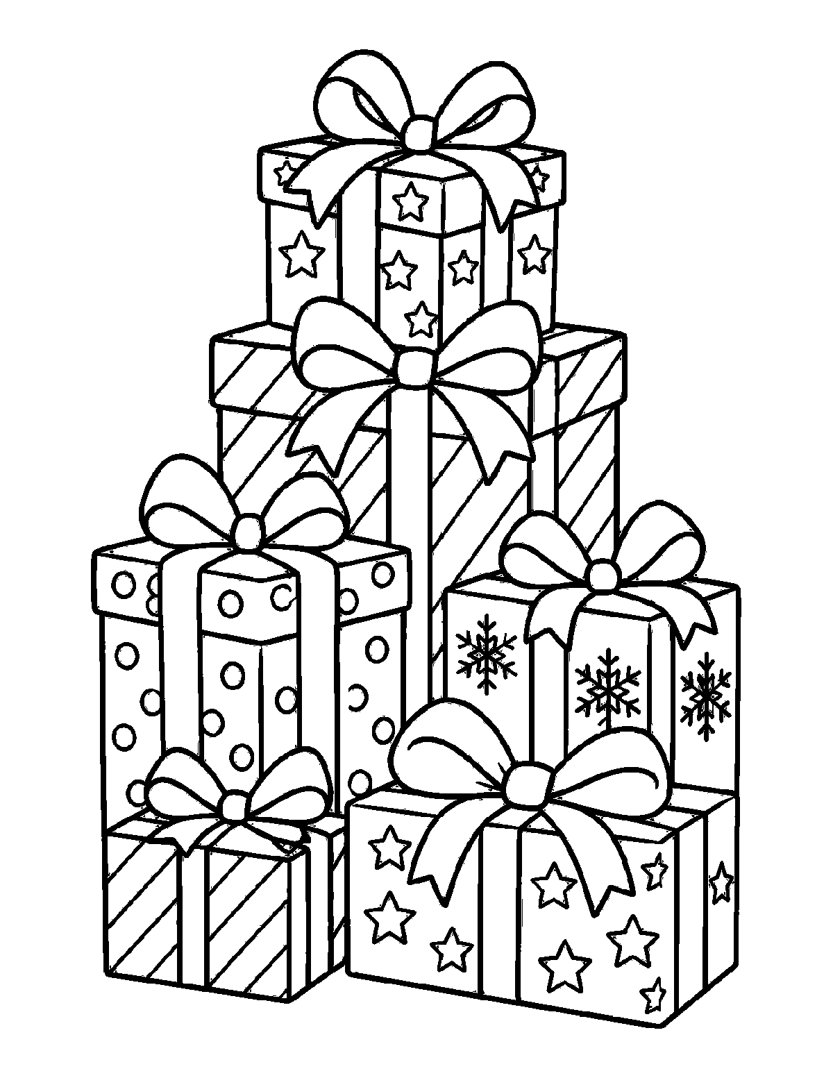 Coloring page of a tall stack of wrapped Christmas presents with bows, stars, dots, stripes, and snowflakes