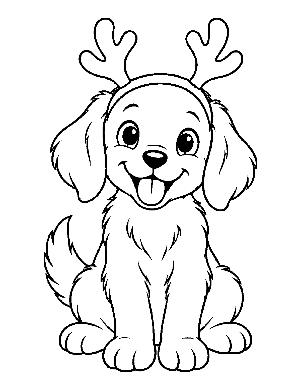 Coloring page of a smiling puppy wearing a reindeer antler headband