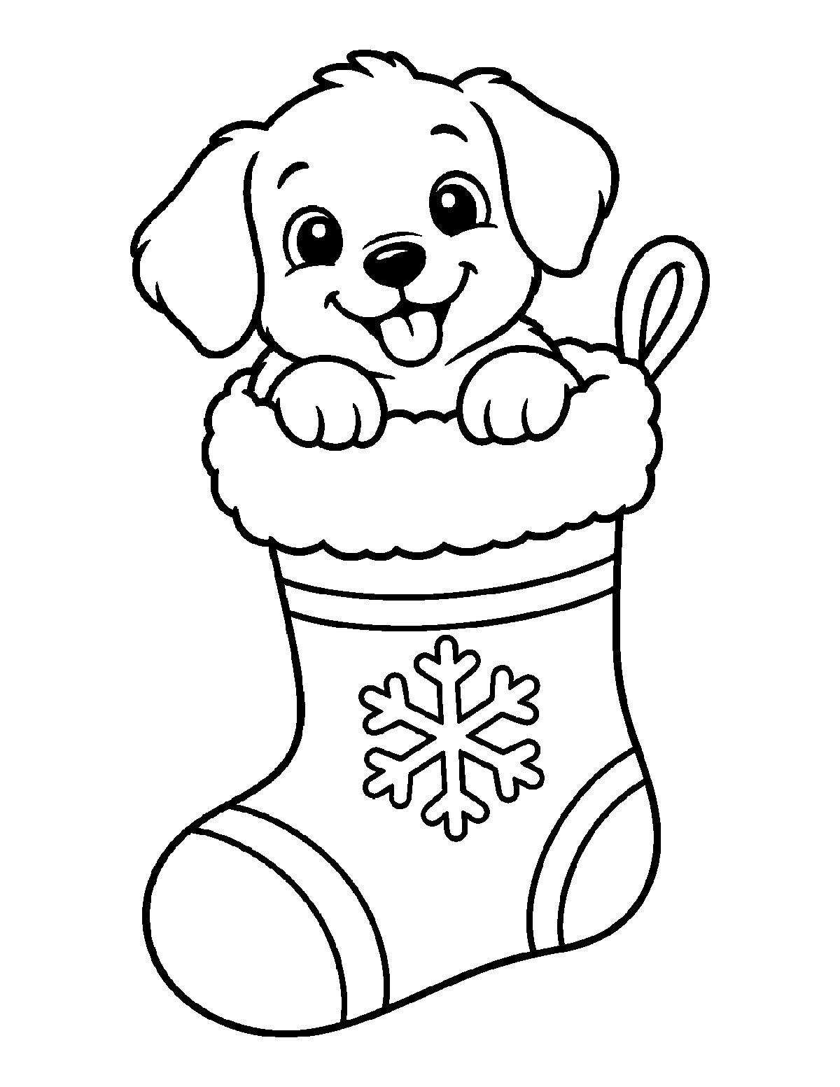 Coloring page of a happy puppy peeking out of a Christmas stocking with a fluffy cuff and snowflake