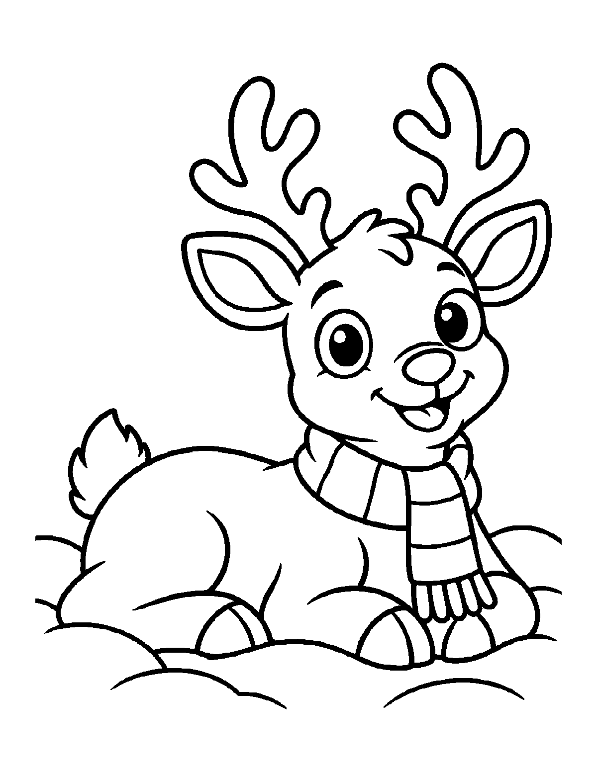 Coloring page of a smiling reindeer lying in snow and wearing a striped scarf