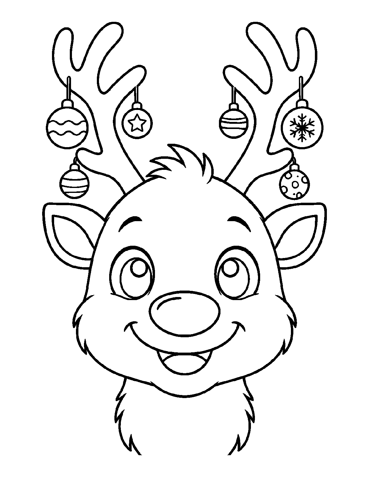 Coloring page of a smiling reindeer face with ornaments hanging from its antlers