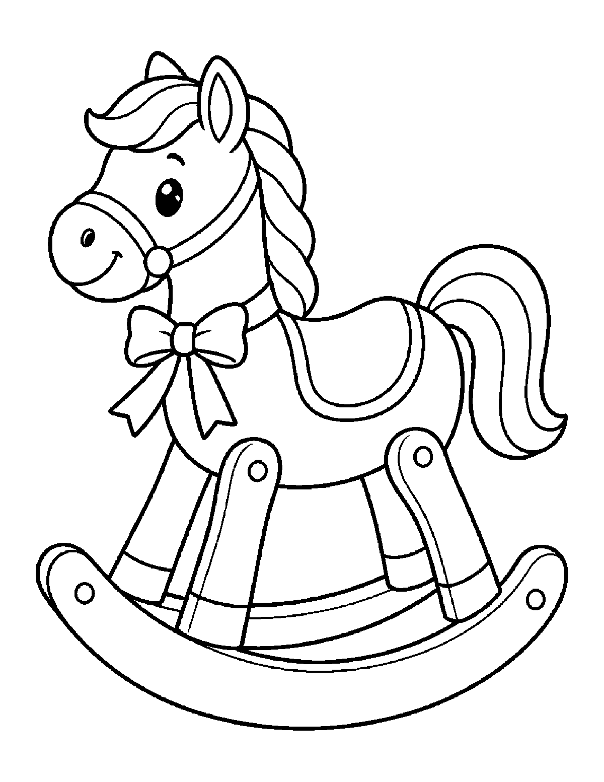 Coloring page of a smiling rocking horse with a bow, saddle, mane, and curved runners