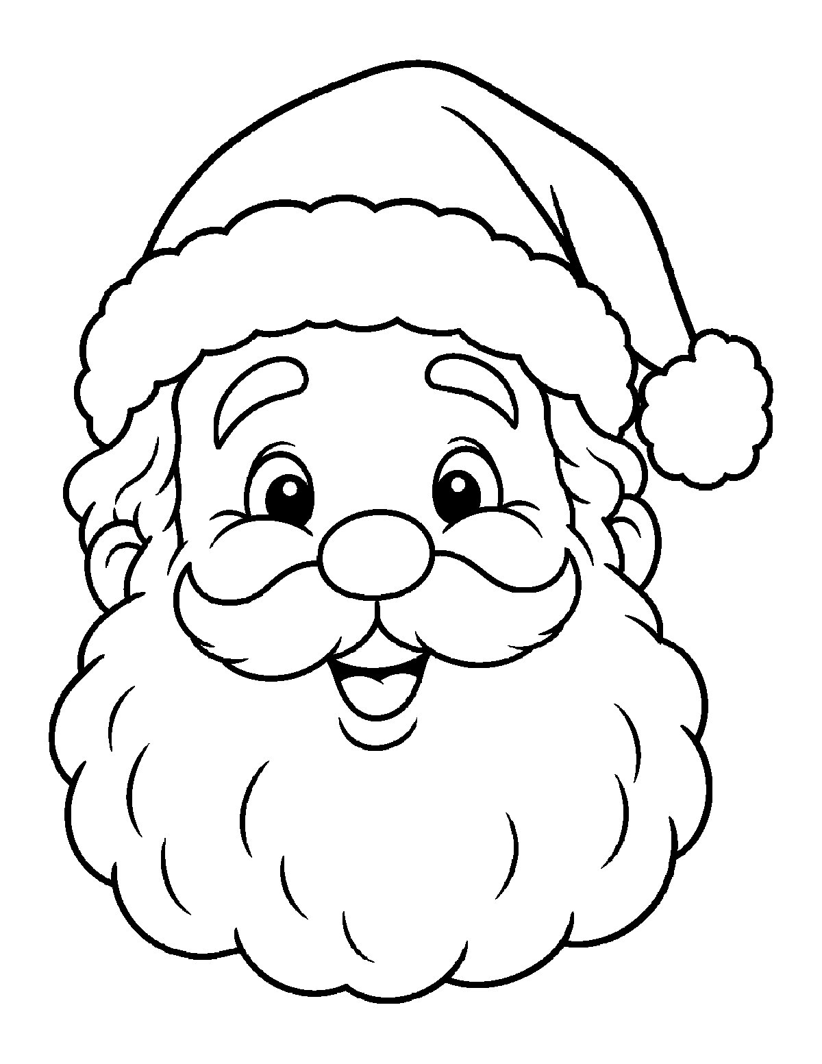 Coloring page of a smiling Santa Claus face with a Santa hat, mustache, and fluffy beard