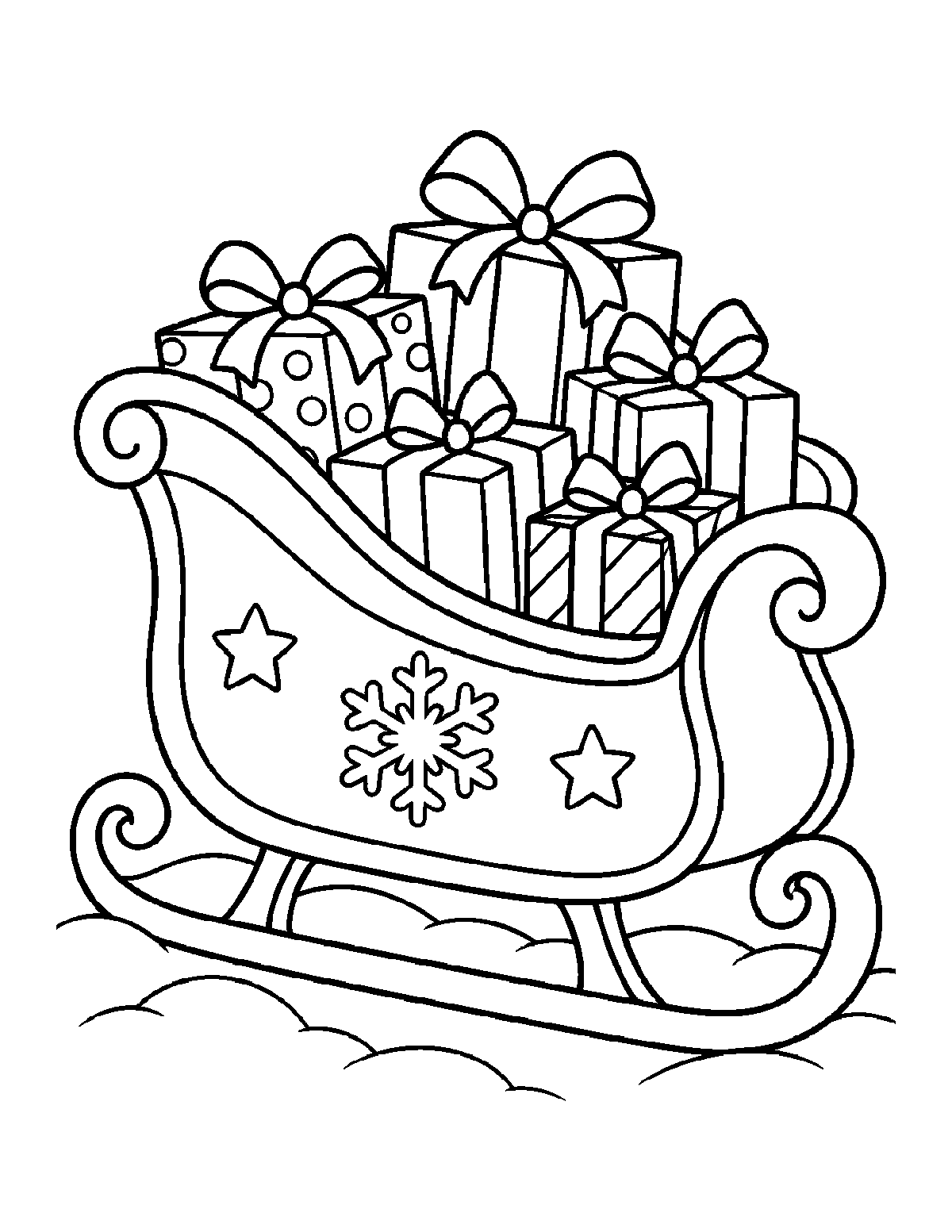 Coloring page of an empty Santa sleigh filled with wrapped presents and sitting in snow