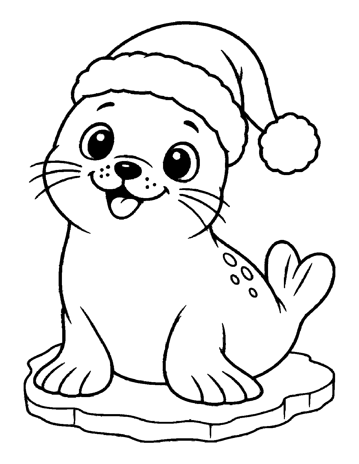 Coloring page of a smiling baby seal wearing a Santa Claus hat on a sheet of ice