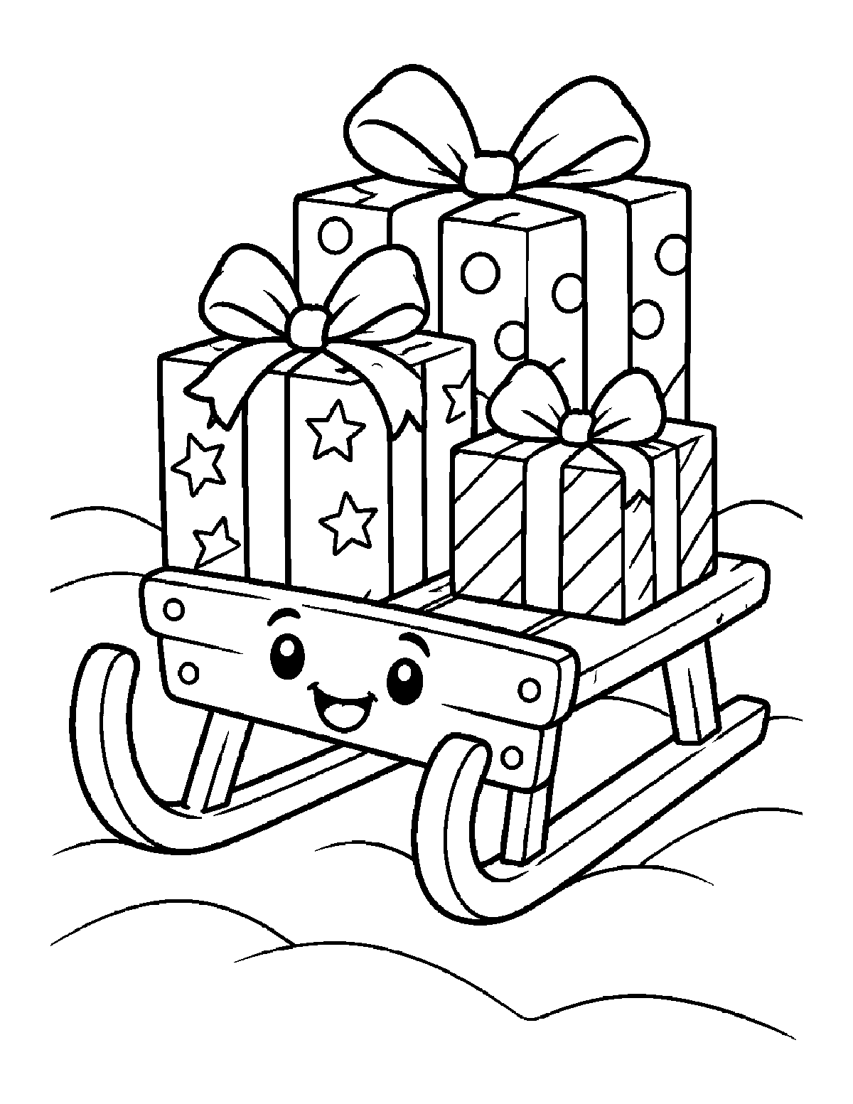Coloring page of a smiling wooden sled carrying three wrapped presents in the snow