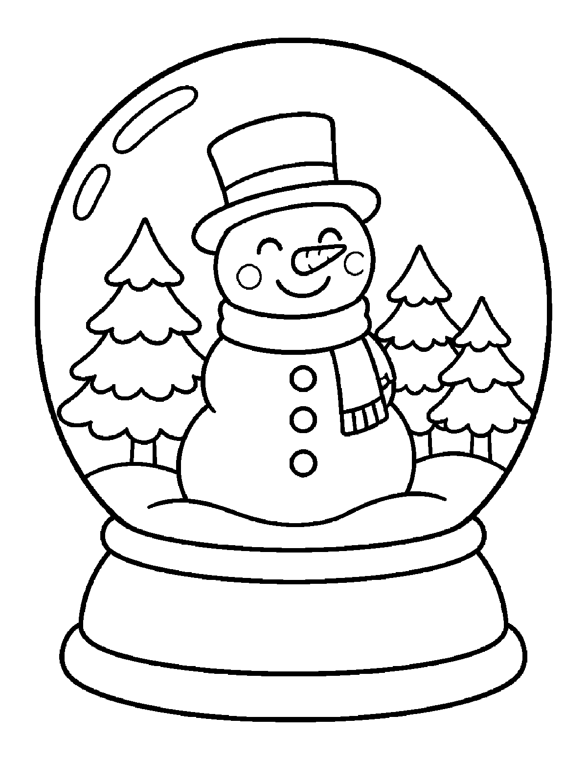 Coloring page of a snow globe with a snowman, evergreen trees, and a layered base