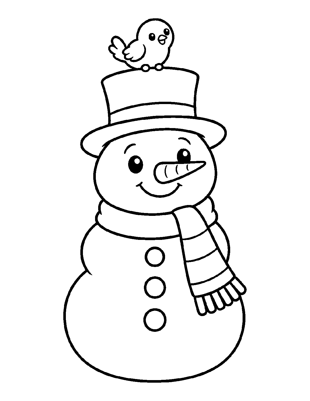 Coloring page of a smiling snowman with a bird perched on top of its hat