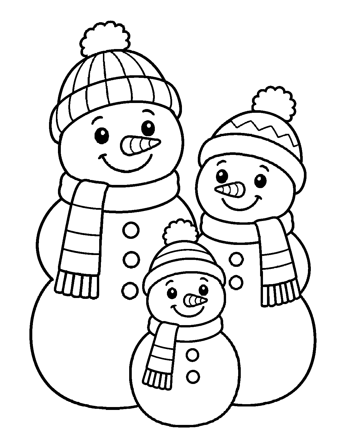 Coloring page of three smiling snowmen wearing winter hats and scarves
